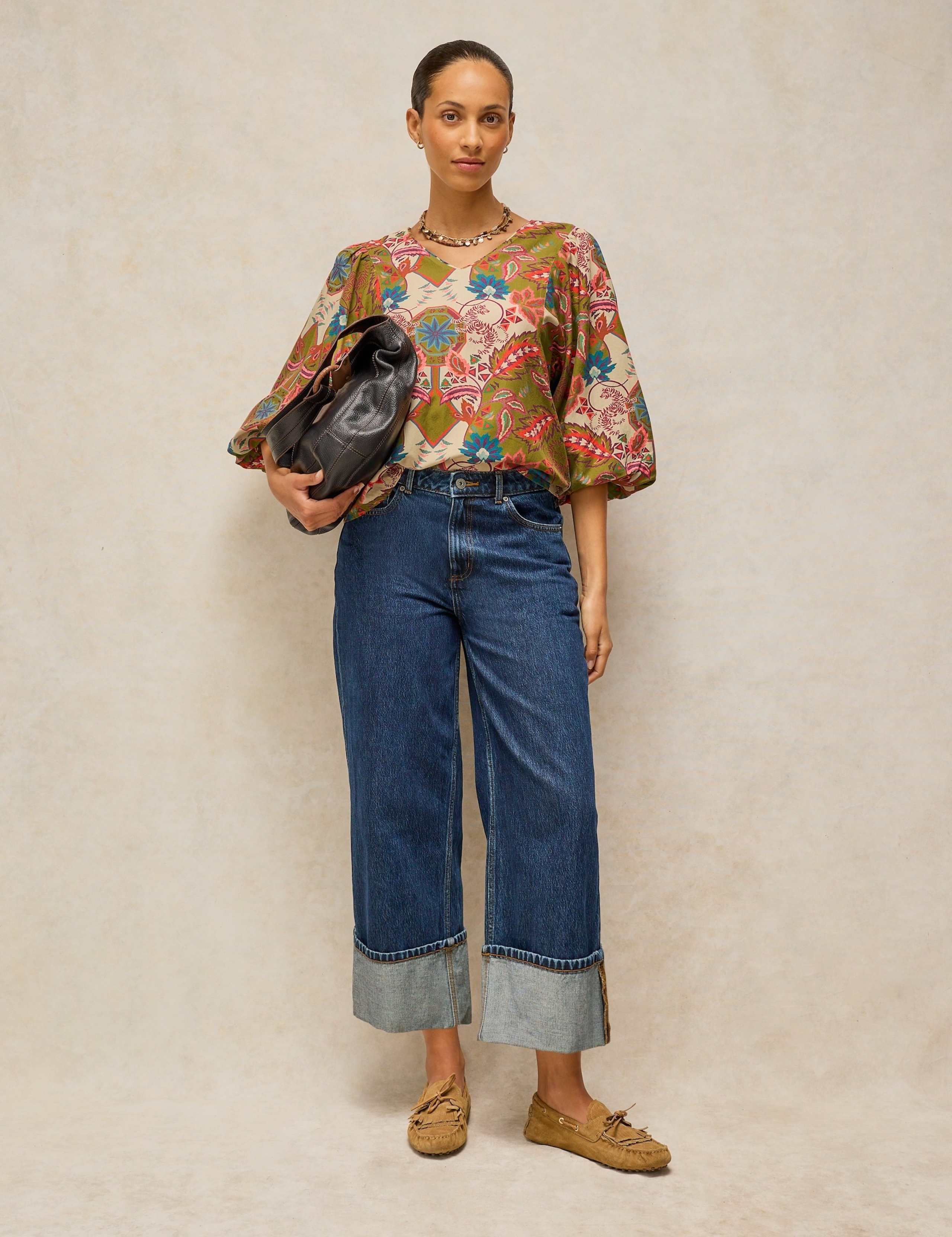 Cotton Blend Printed V-Neck Blouse 3 of 6
