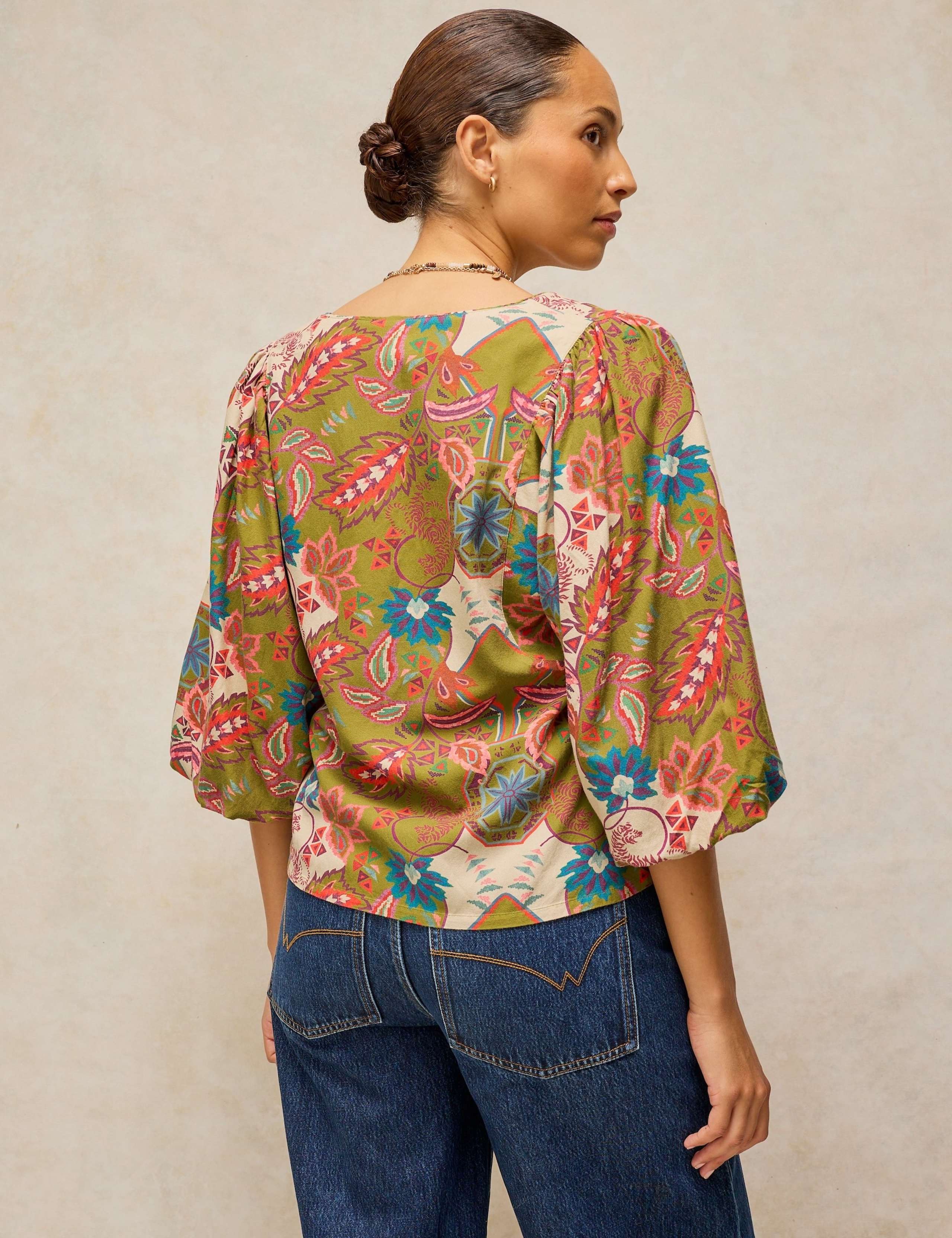 Cotton Blend Printed V-Neck Blouse 4 of 6