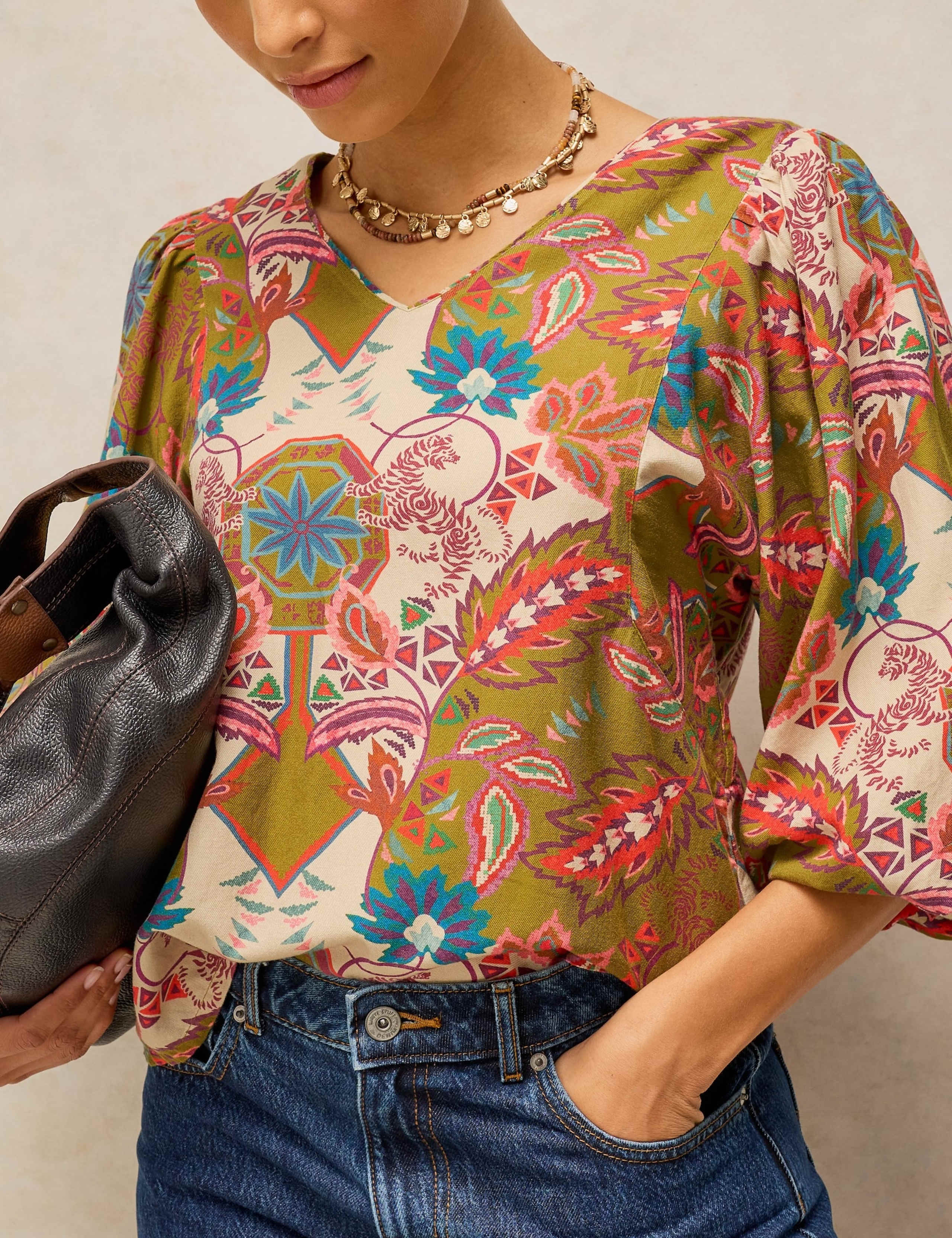 Cotton Blend Printed V-Neck Blouse 5 of 6