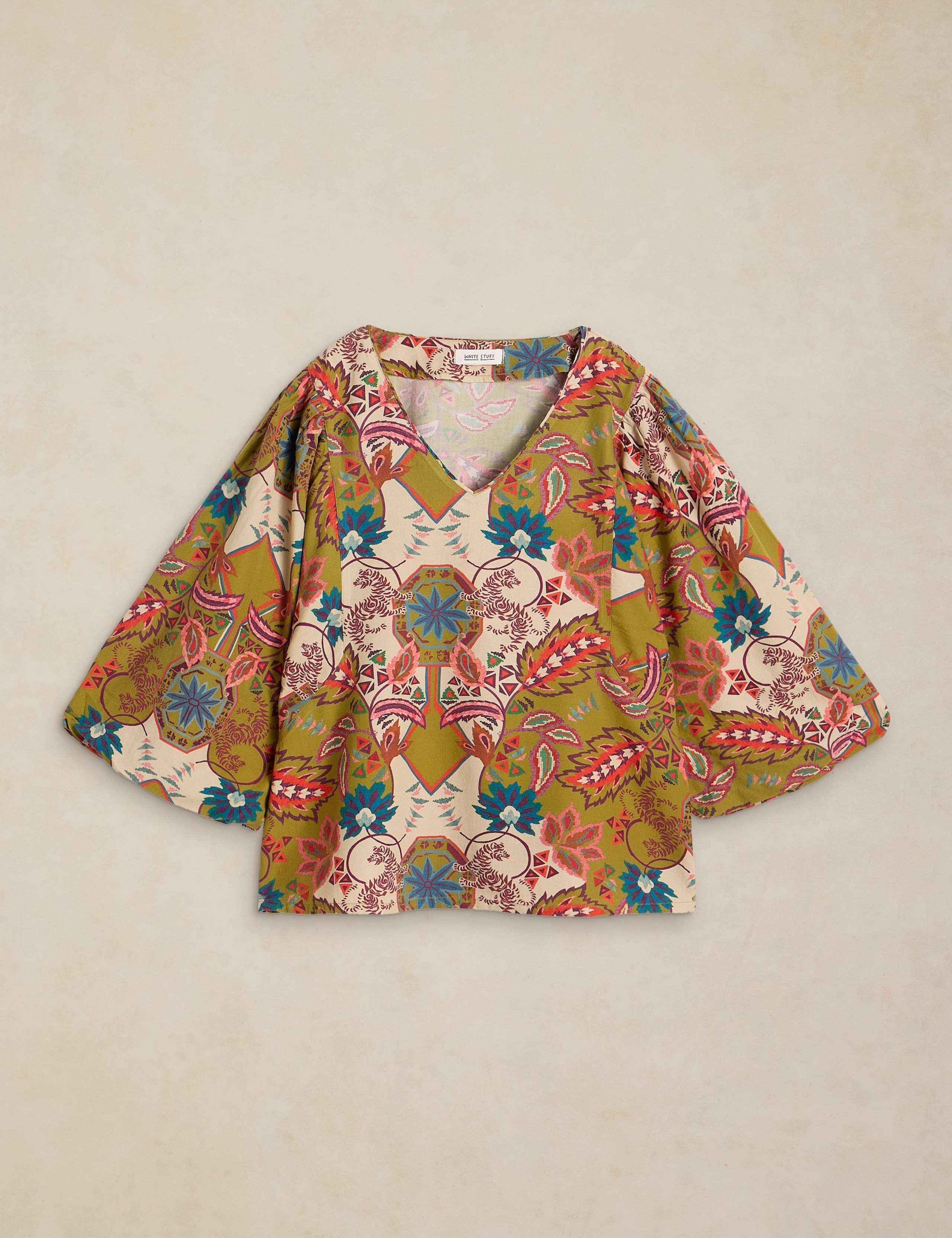 Cotton Blend Printed V-Neck Blouse 2 of 6