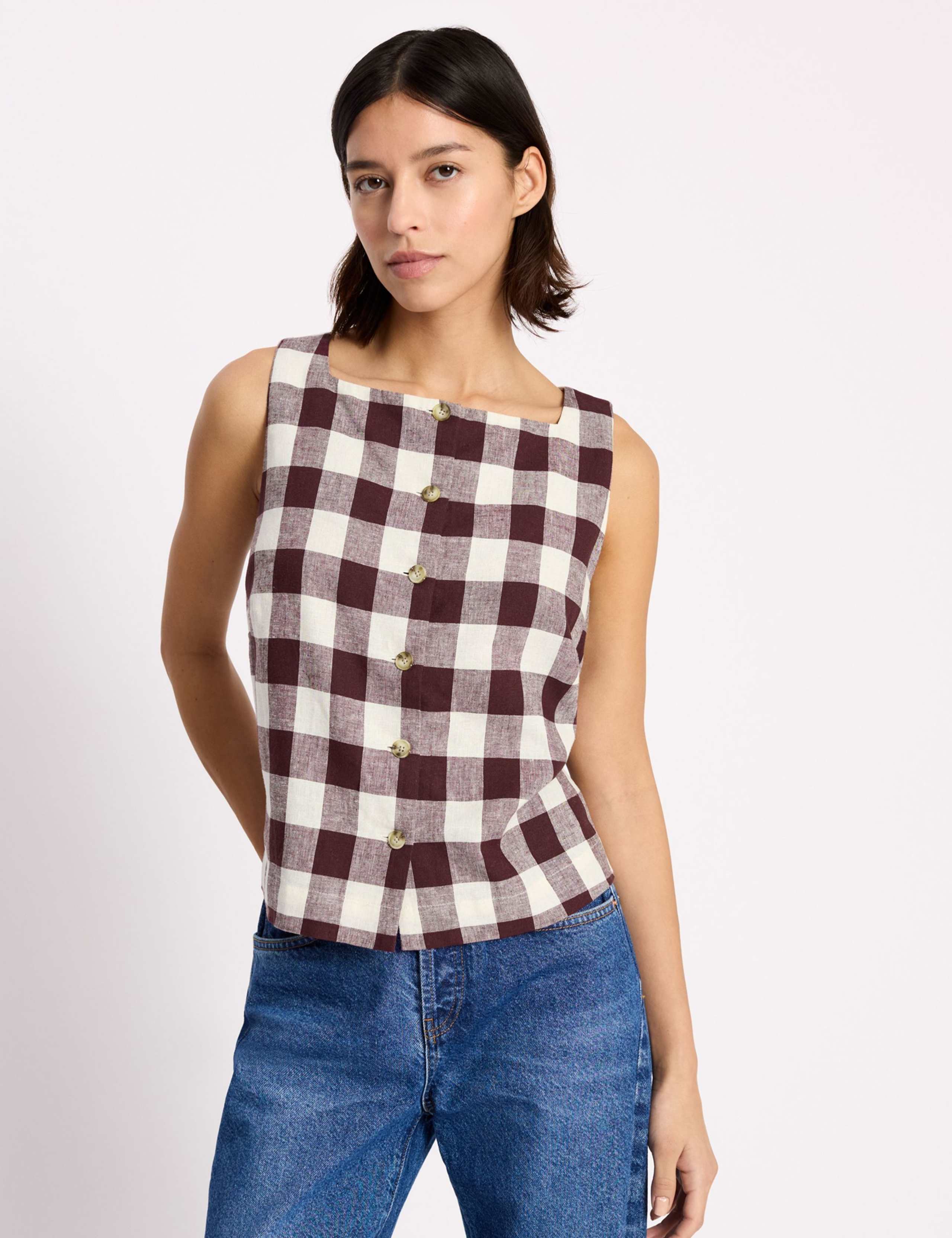 Linen Rich Gingham Square Neck Top 1 of 7