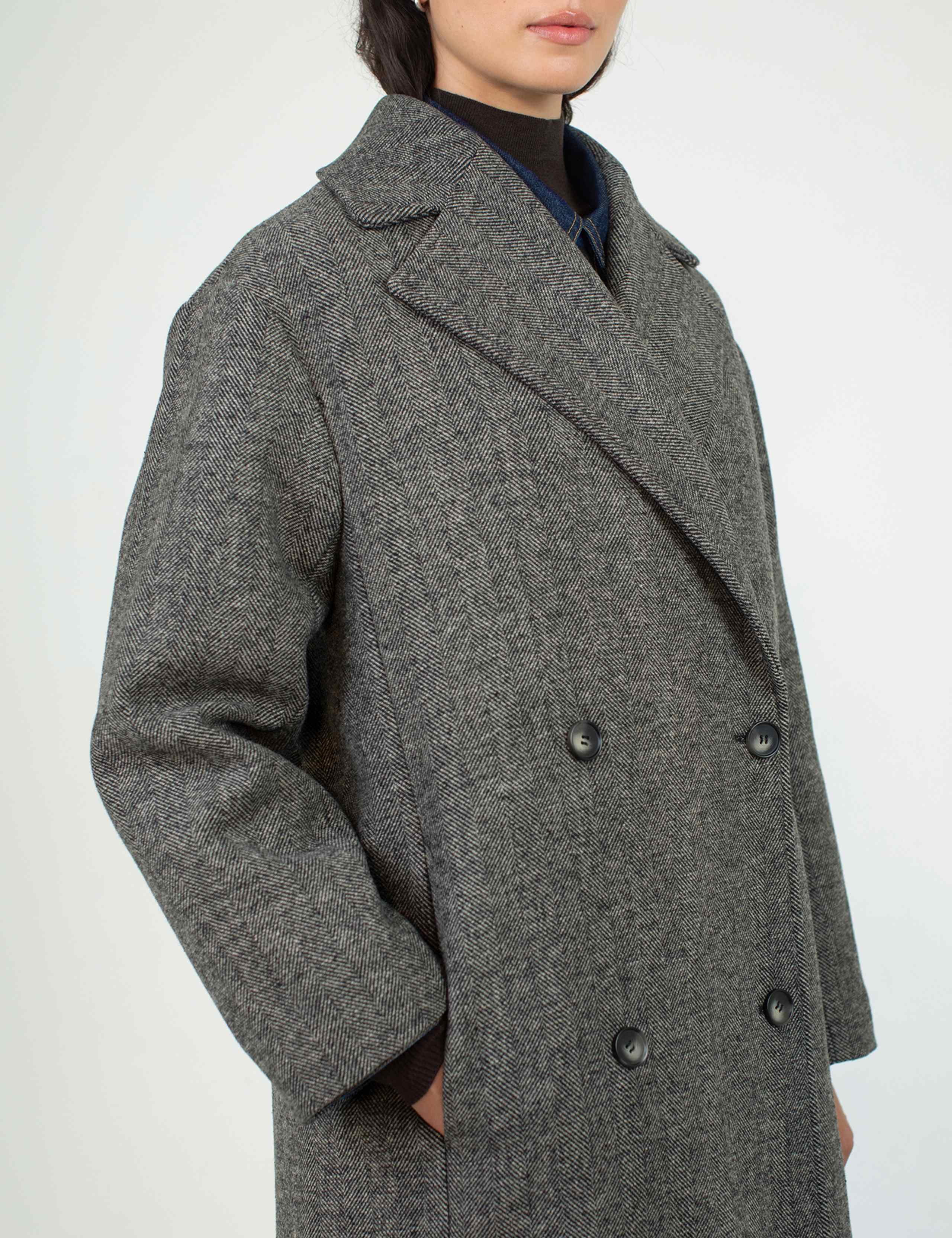 Wool Blend Herringbone Collared Longline Coat 3 of 4