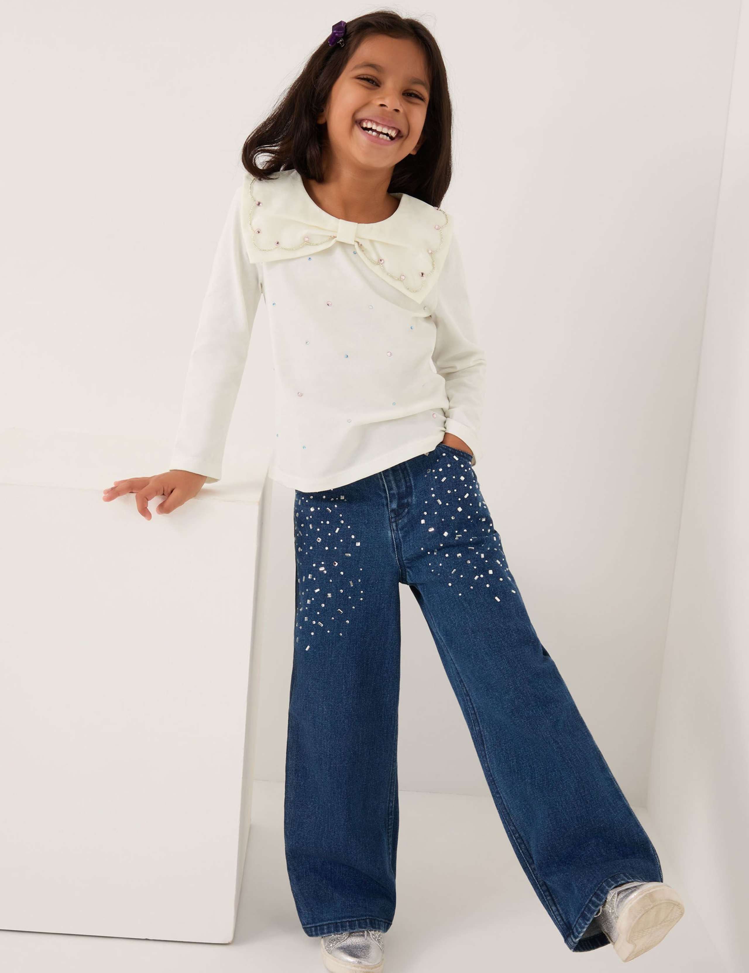 Pure Cotton Bow Collar Rhinestone Top (3-15 Yrs) 1 of 4