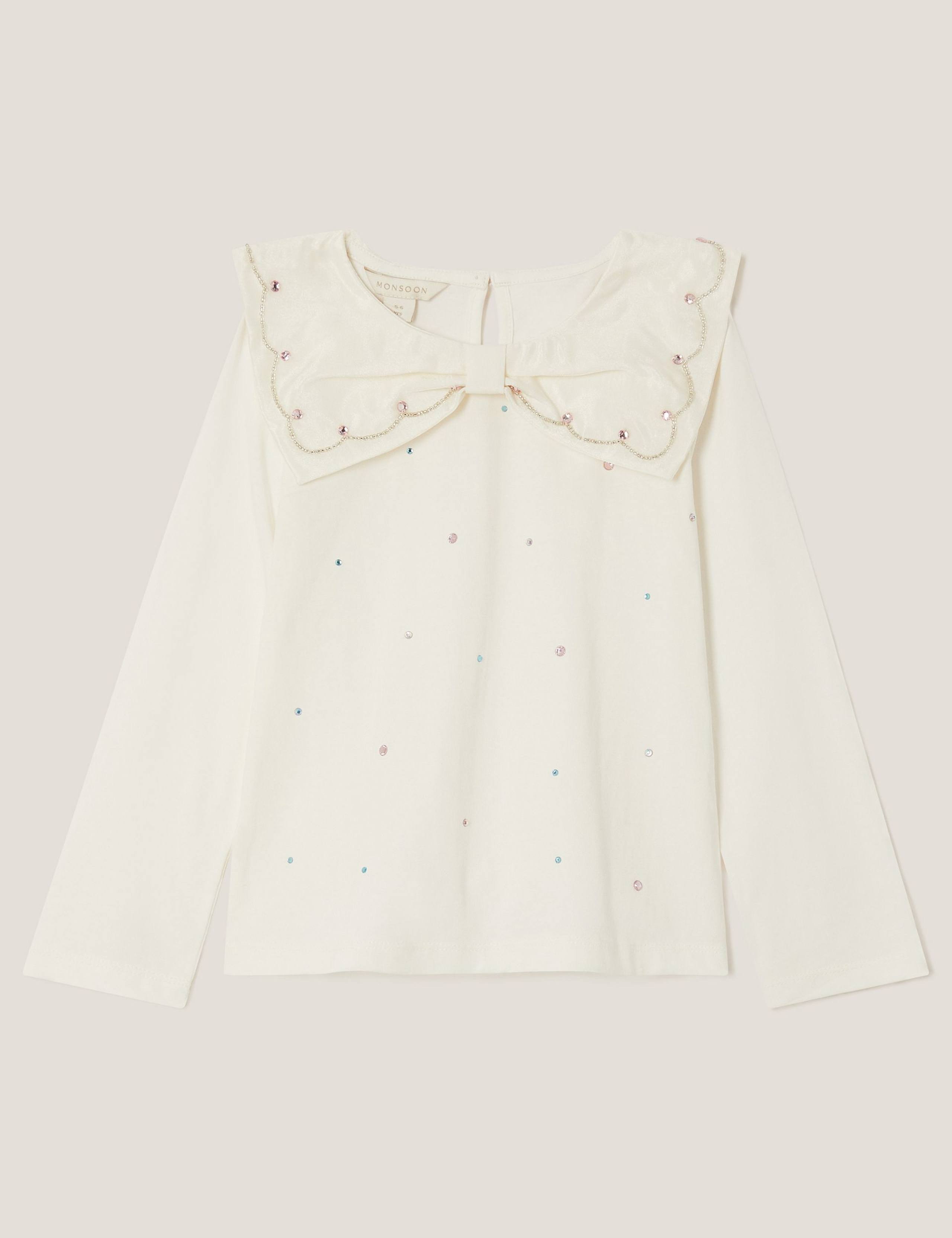 Pure Cotton Bow Collar Rhinestone Top (3-15 Yrs) 2 of 4