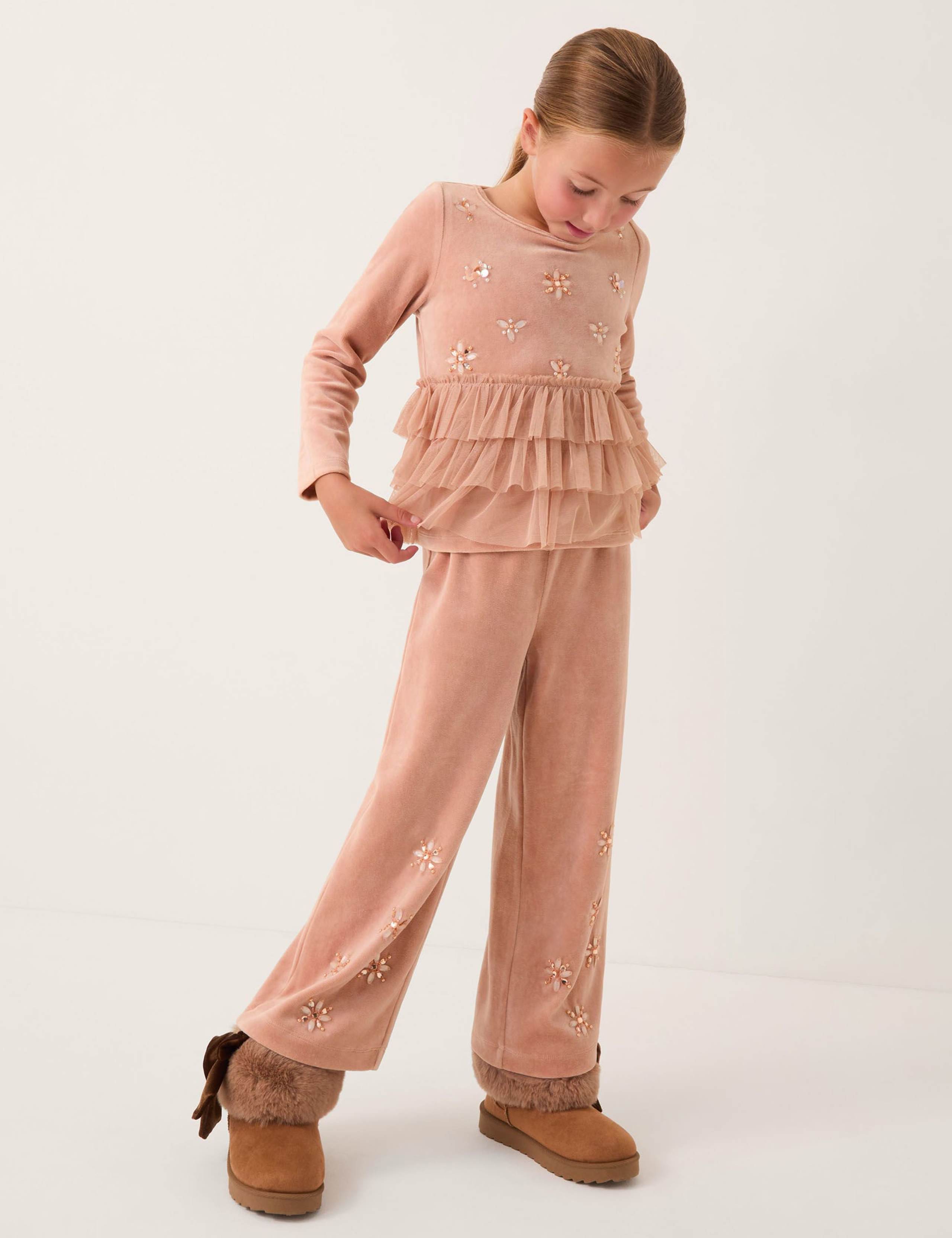 Embellished Velour Wide Leg Trousers (3-13 Yrs) 1 of 4