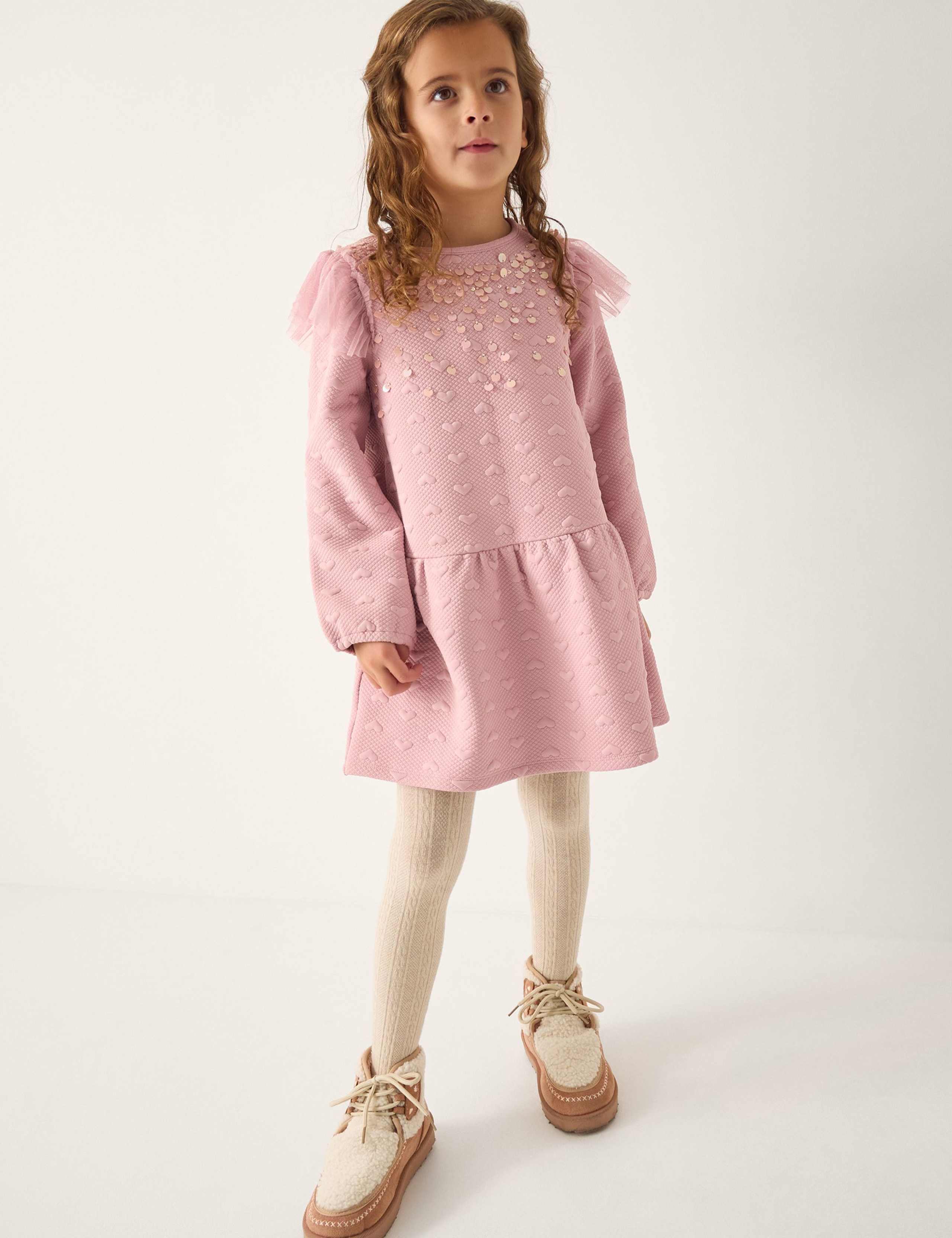 Pure Cotton Heart Sequin Sweatshirt Dress (3-13 Years) 1 of 4