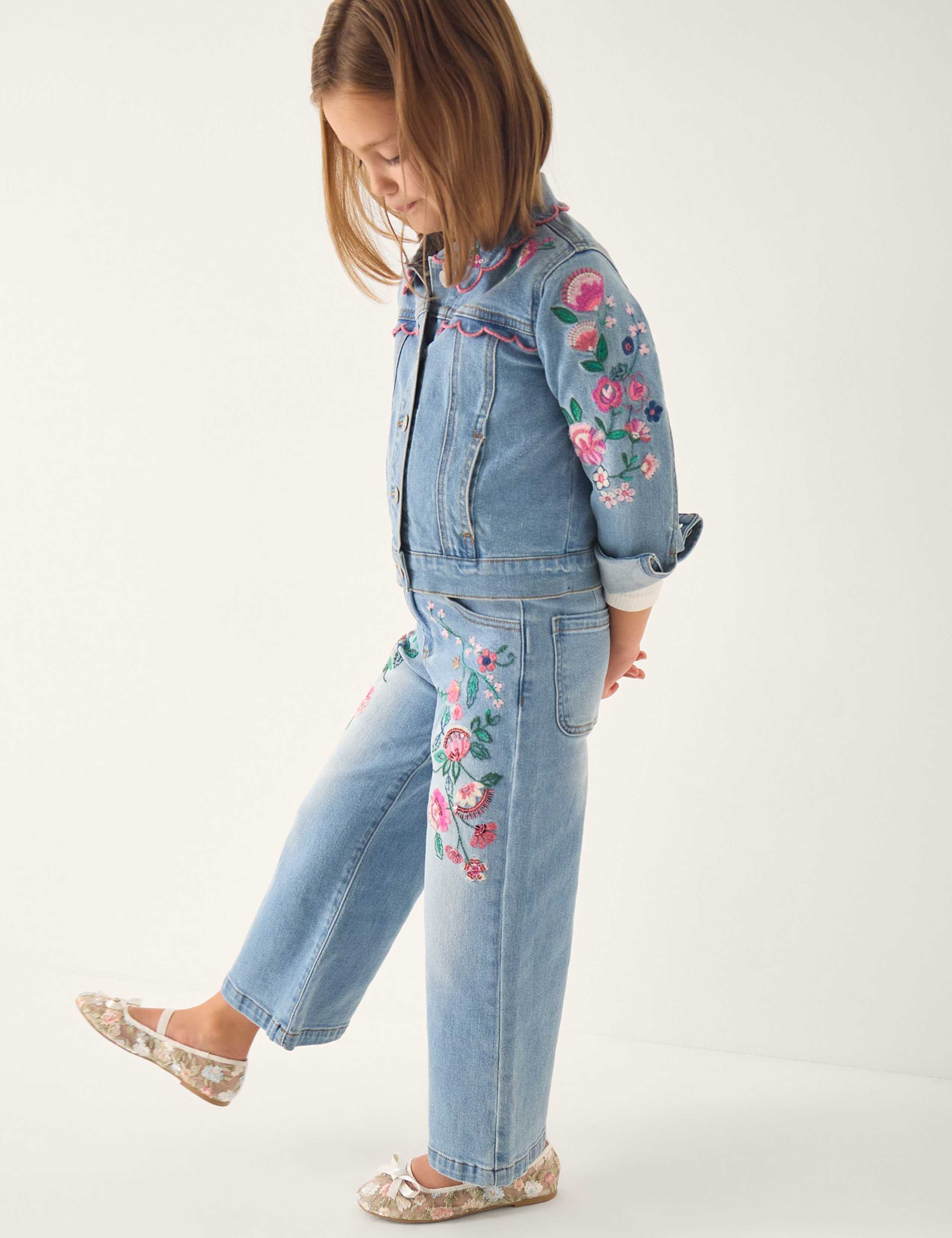 Denim Sequin Floral Embroidery Wide Leg Jeans (3-15 Years) 1 of 4