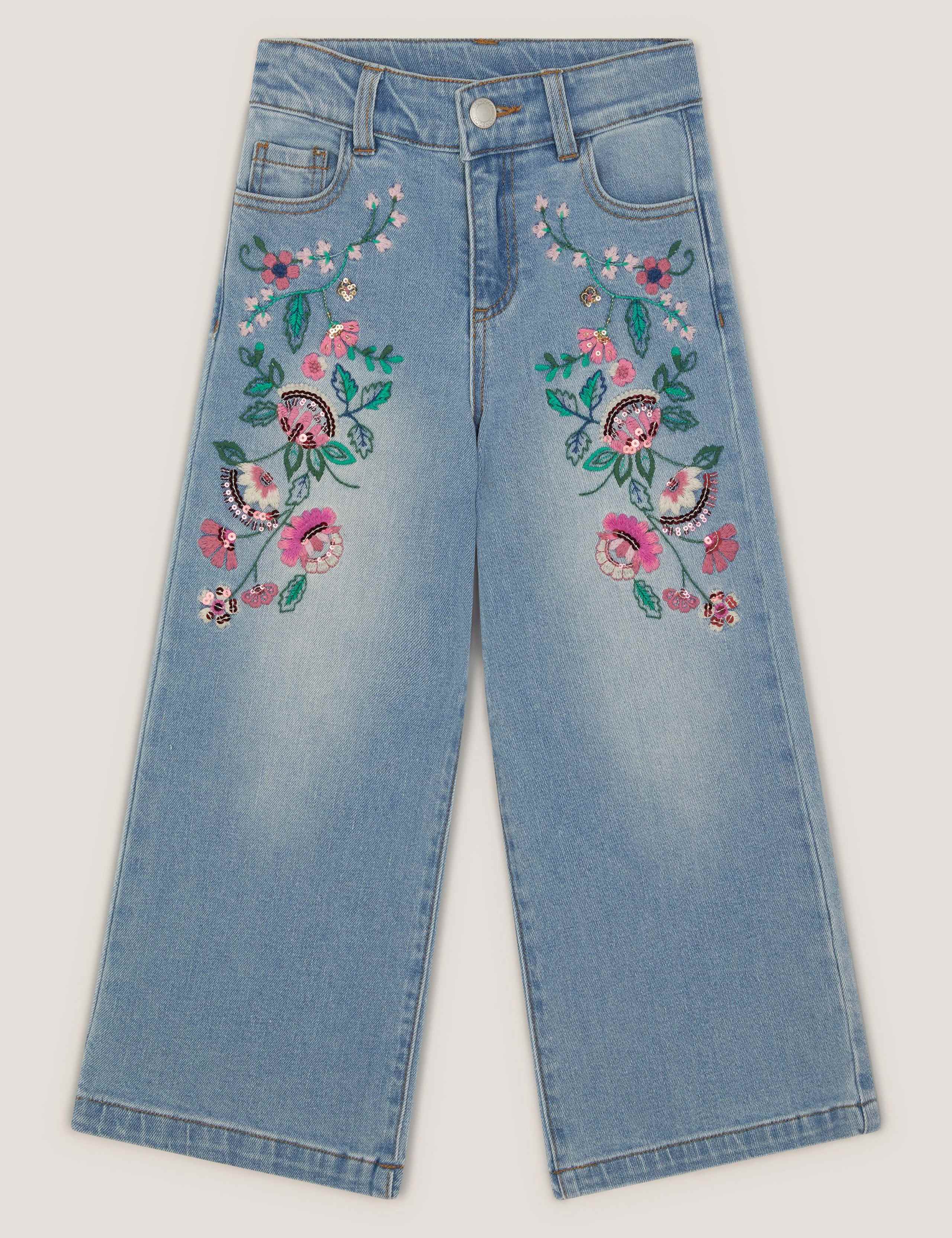Denim Sequin Floral Embroidery Wide Leg Jeans (3-15 Years) 2 of 4