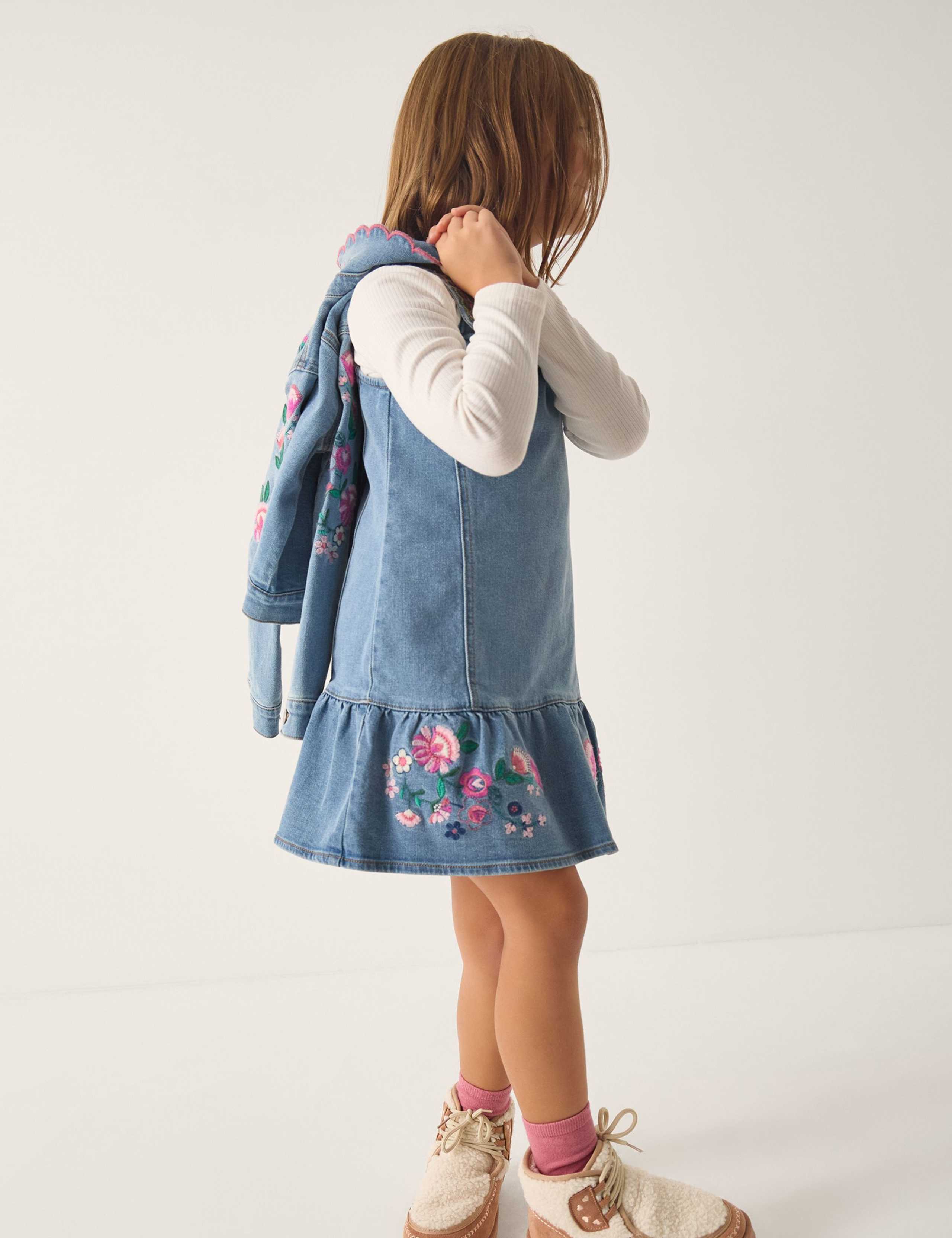 Cotton Rich Denim Embroidered Frill Dress (3-13 Years) 1 of 4