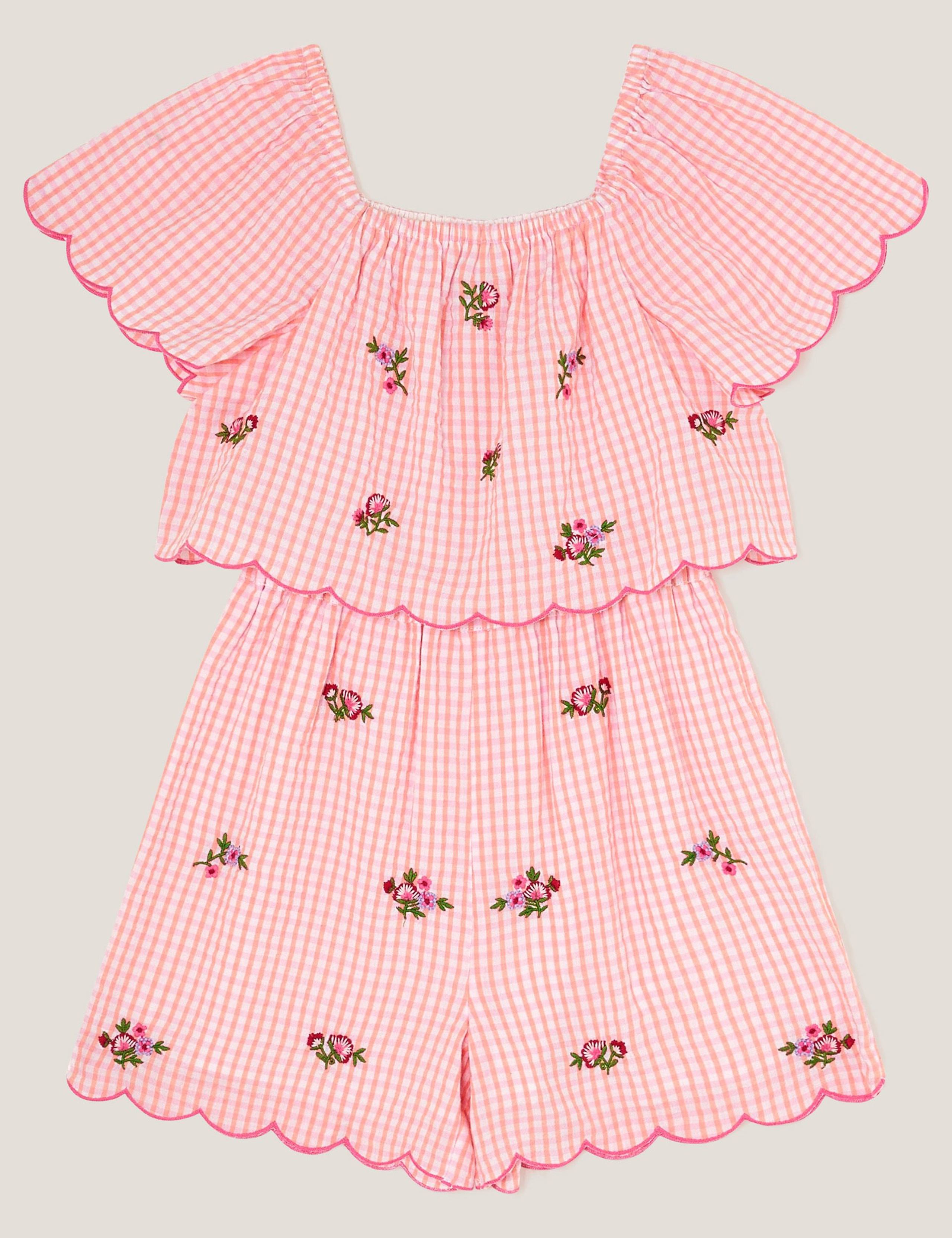 Pure Cotton Embroidered Gingham Playsuit (3-13 Yrs) 1 of 3