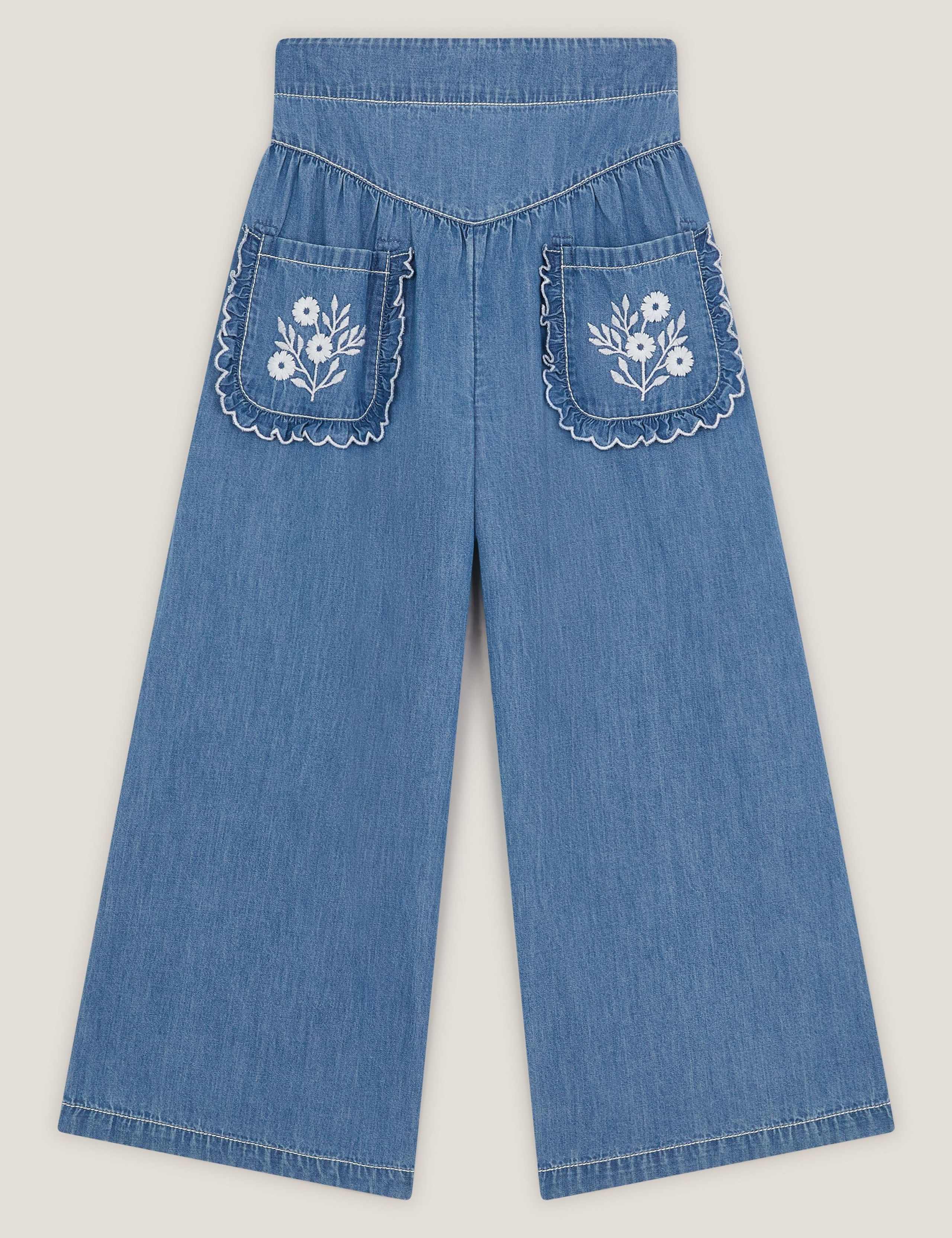 Pure Cotton Chambray Embroidered Trousers (3-15 Yrs) 1 of 3