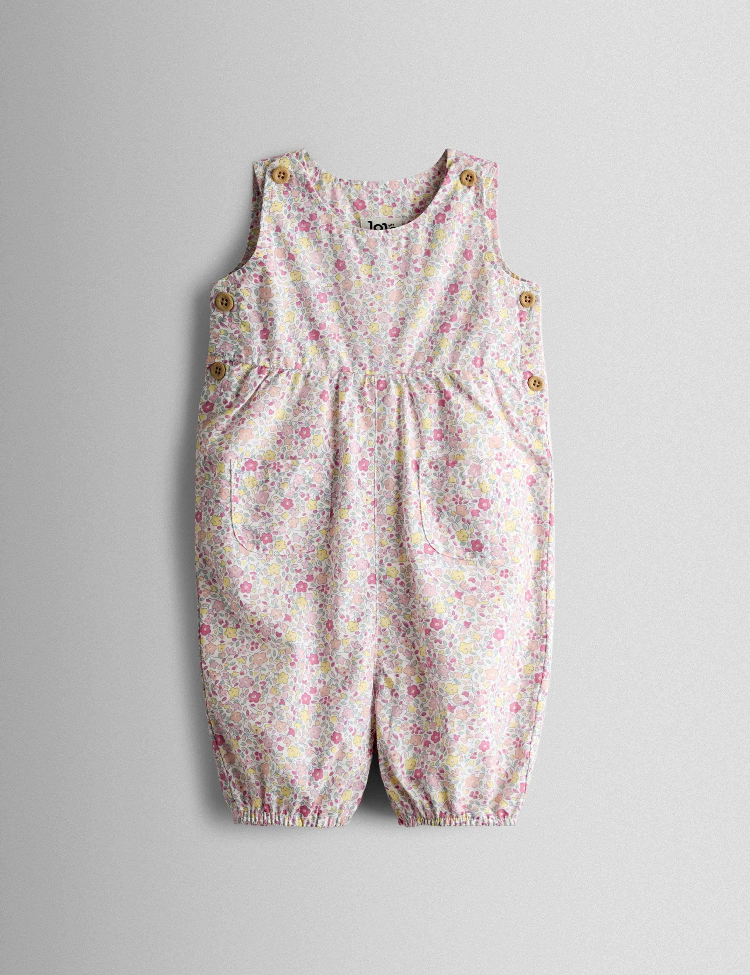 Pure Cotton Floral Dungarees (0-24 Months) 1 of 3