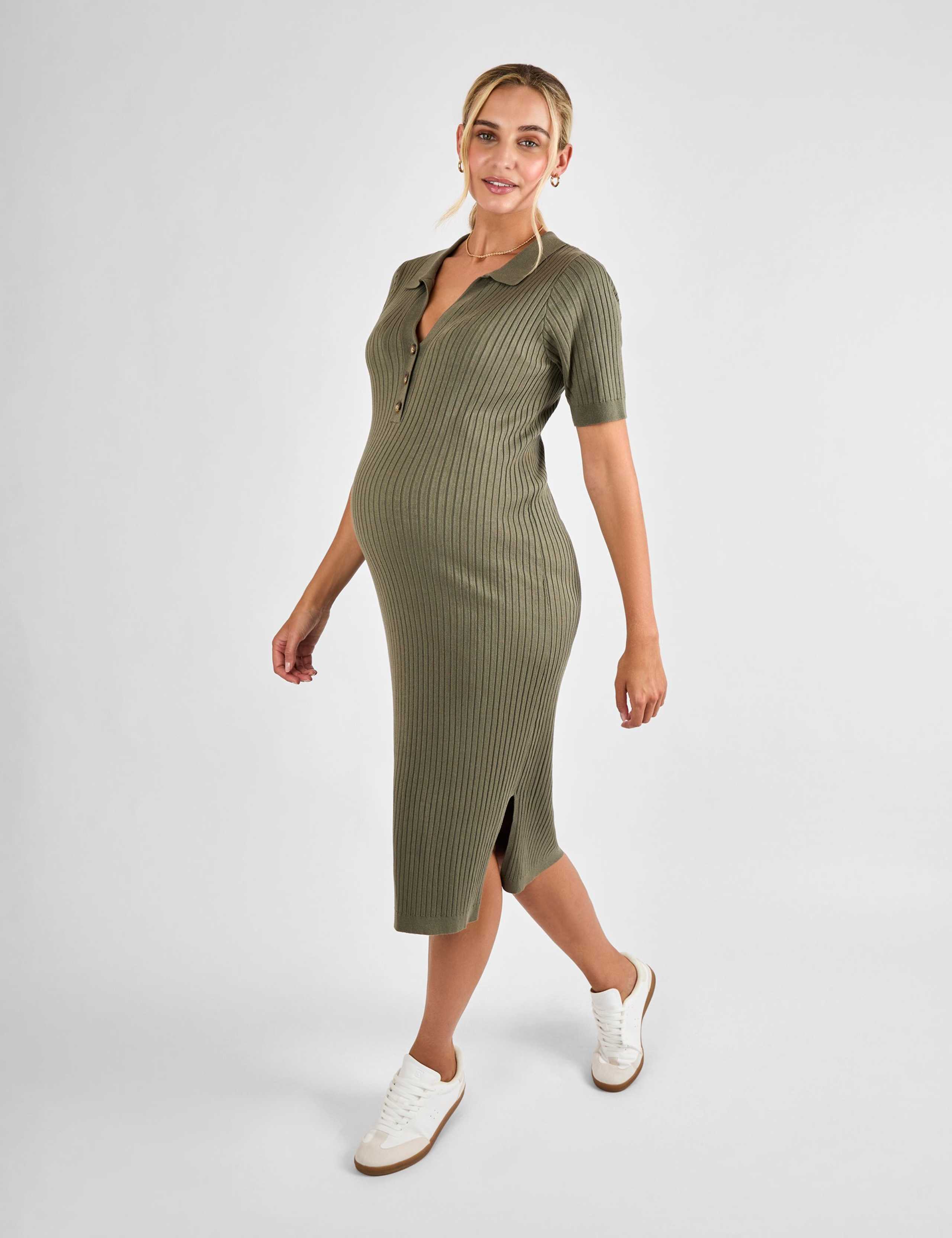 Maternity Knitted Ribbed Midi Shirt Dress 2 of 5