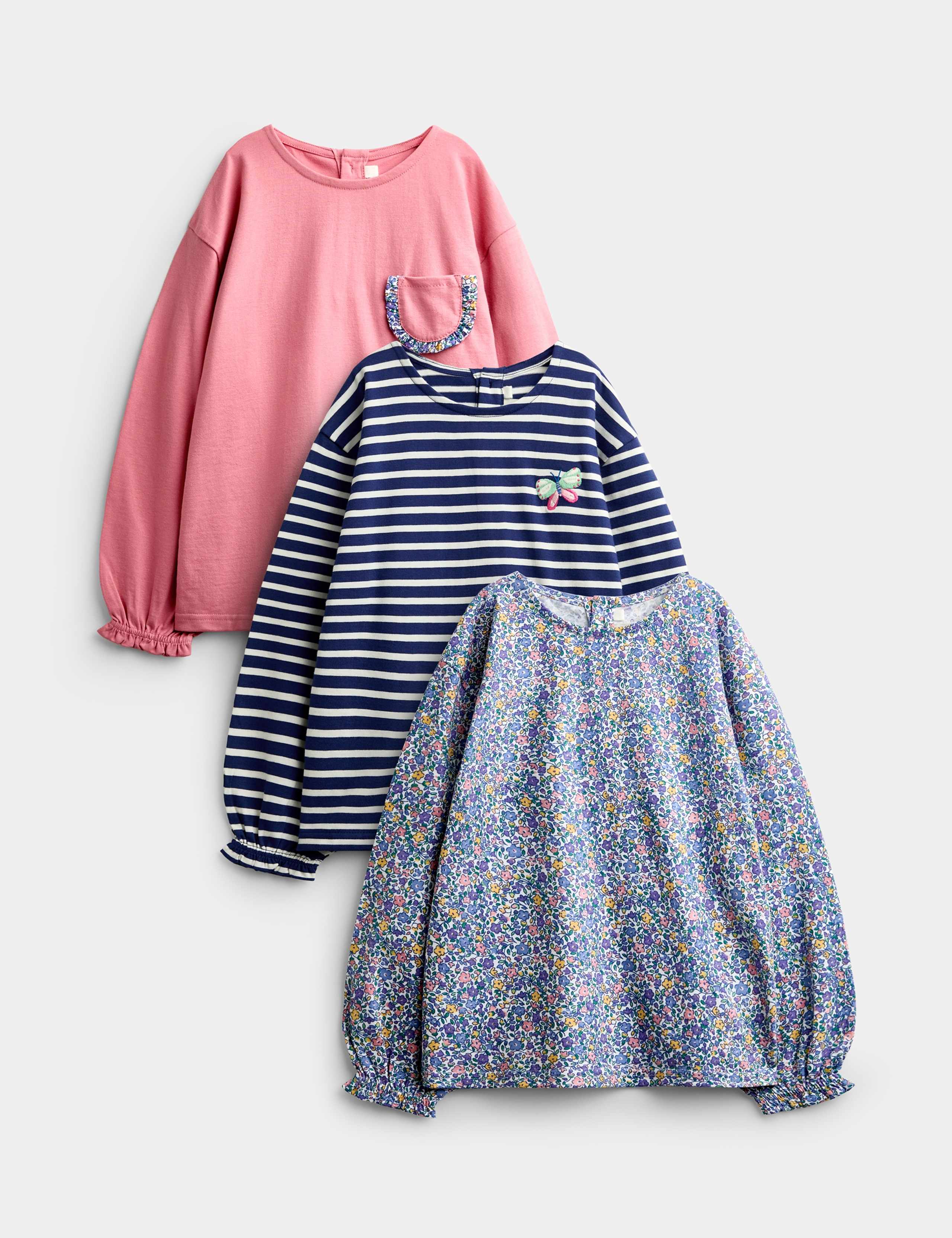 3 Pack Pure Cotton Ditsy And Stripe Tops (1-5 Yrs) 1 of 10
