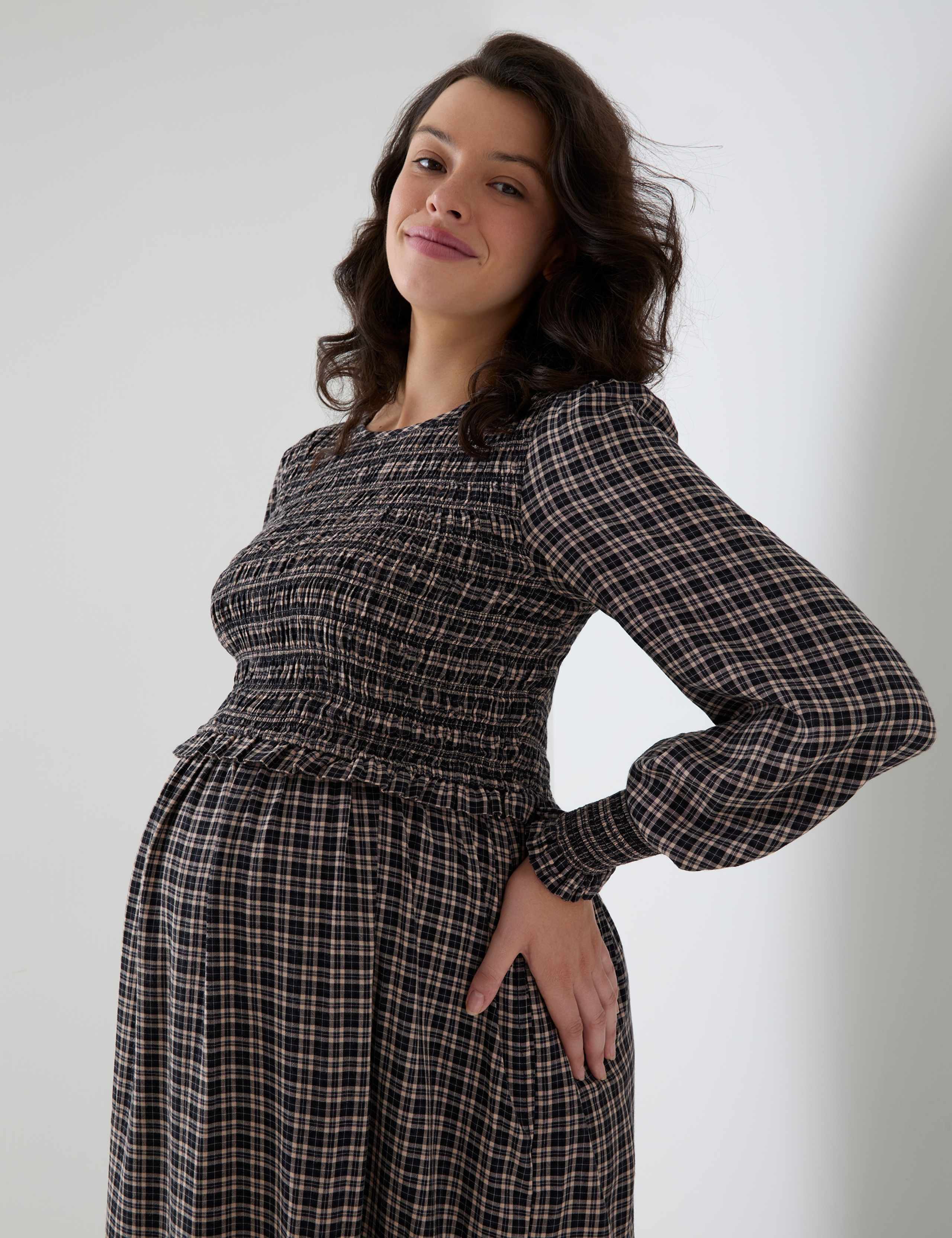 Maternity Long Sleeve Shirred Checked Midi Dress 2 of 4
