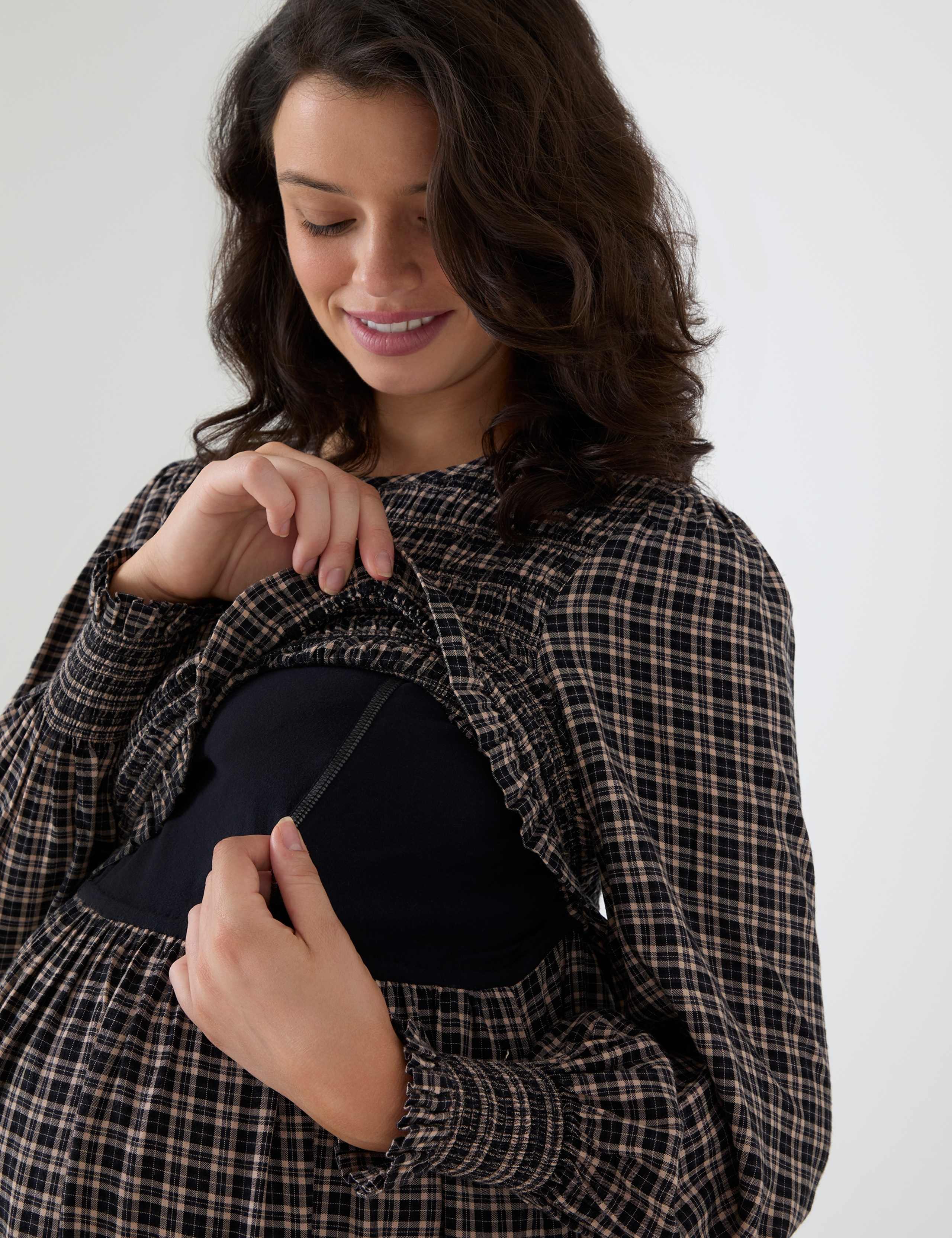 Maternity Long Sleeve Shirred Checked Midi Dress 3 of 4