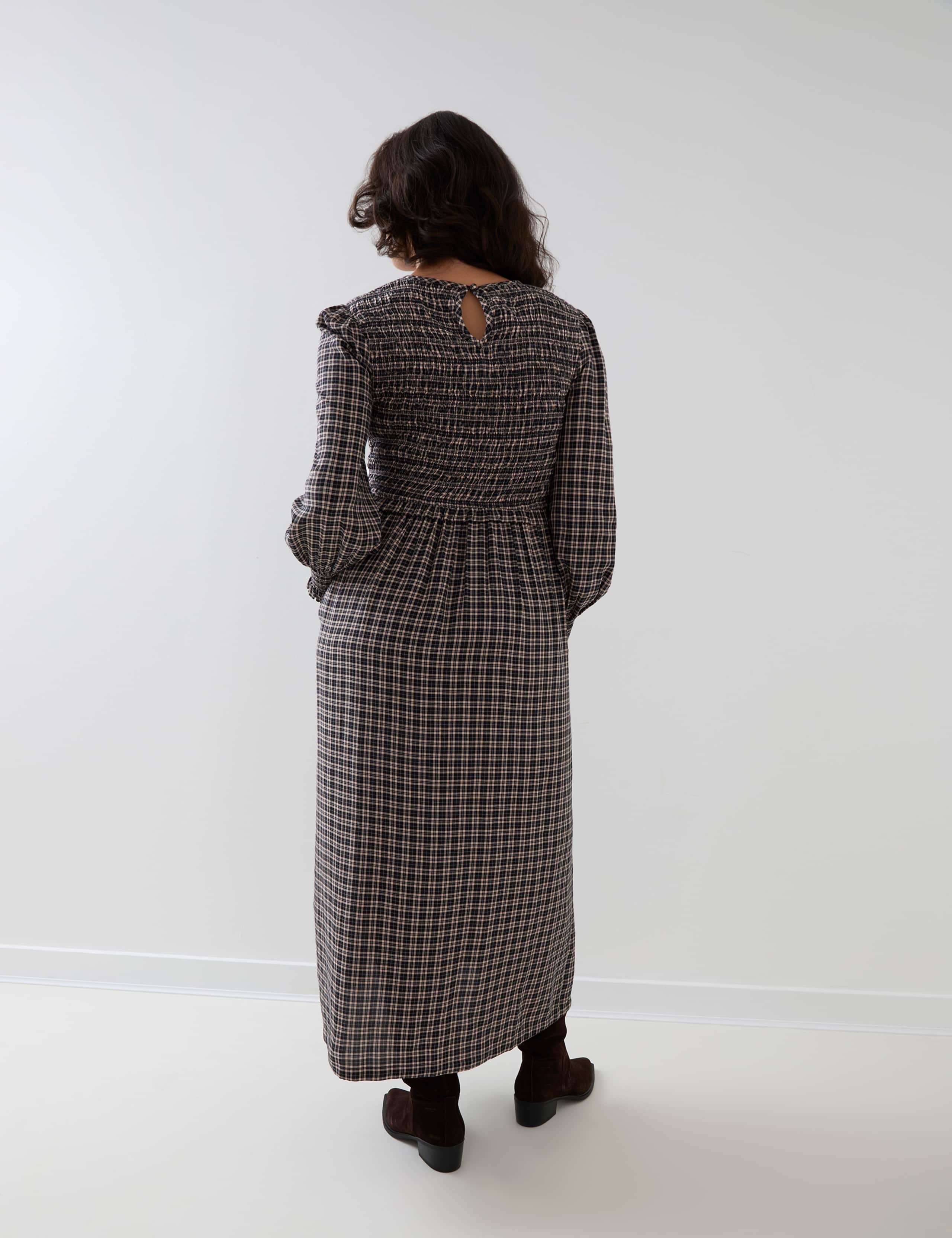 Maternity Long Sleeve Shirred Checked Midi Dress 4 of 4