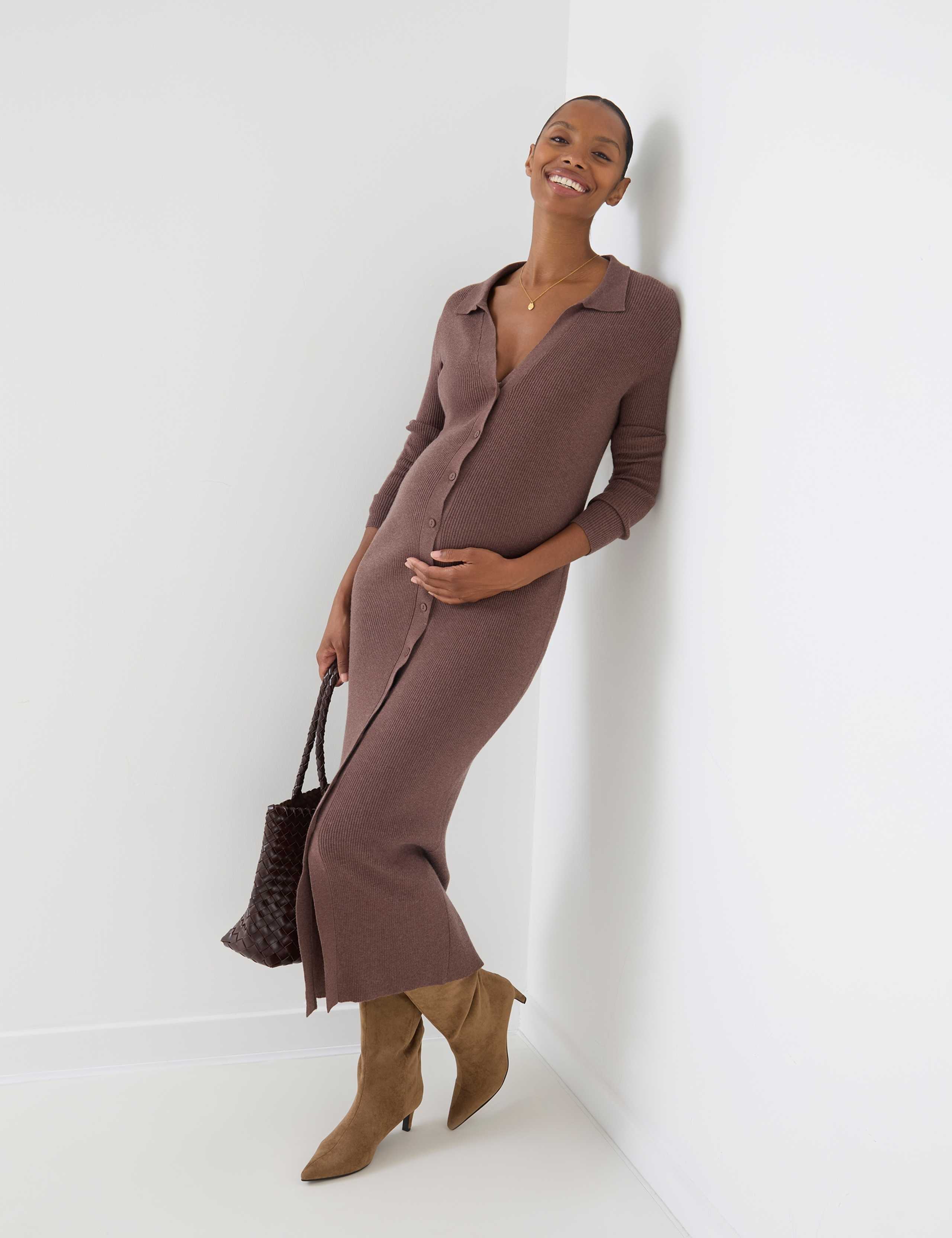 Maternity Ribbed Button Through Midi Dress 2 of 5