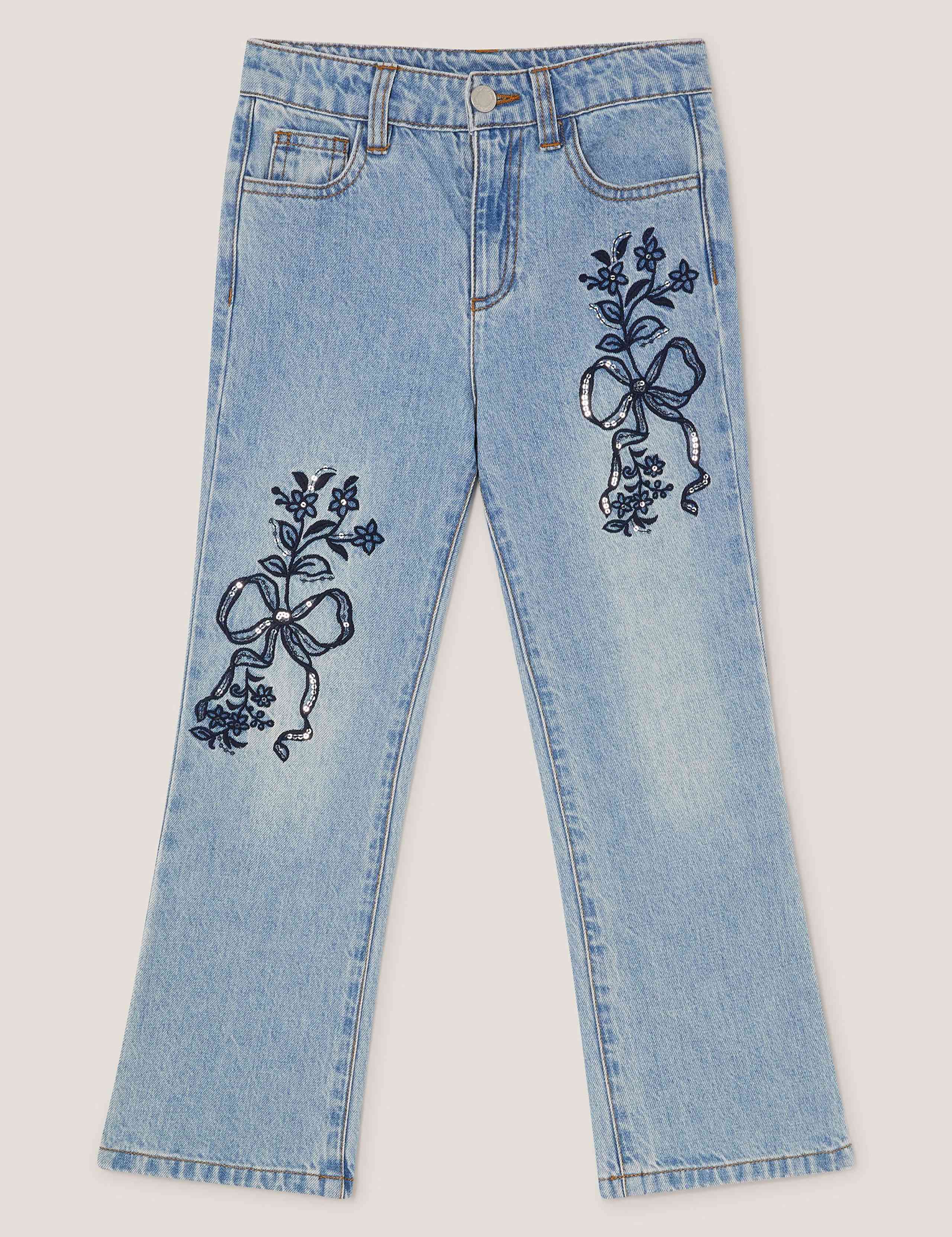 Pure Cotton Bow Embroidered Jeans (3-15 Yrs) 2 of 4