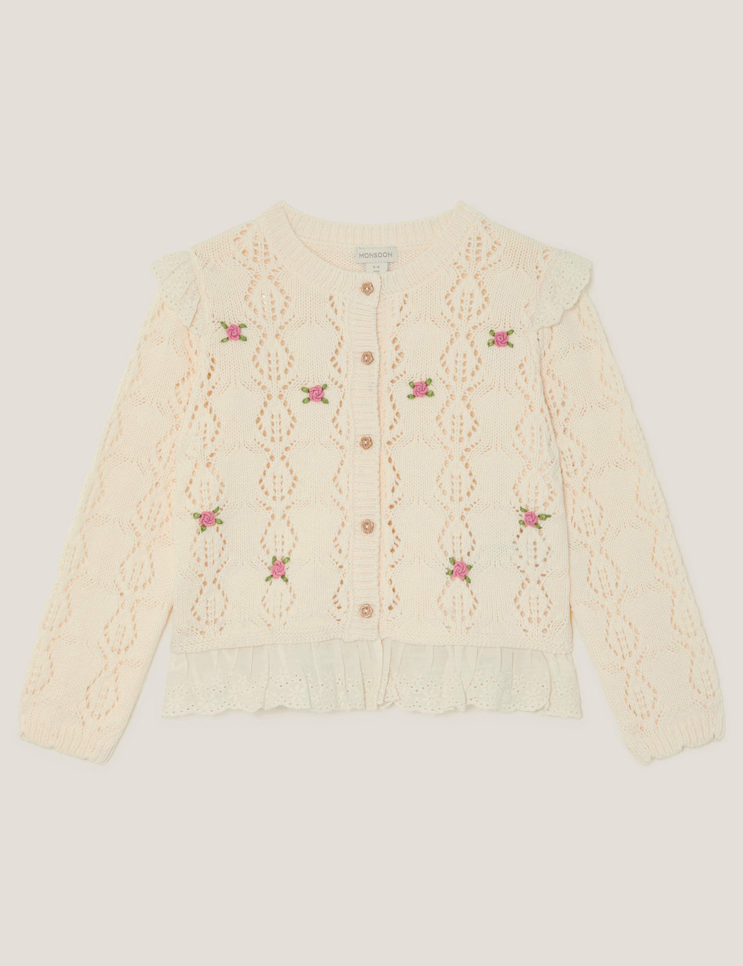 Cotton Rich Embroidered Frill Pointelle Cardigan (3-15 Years) 2 of 4