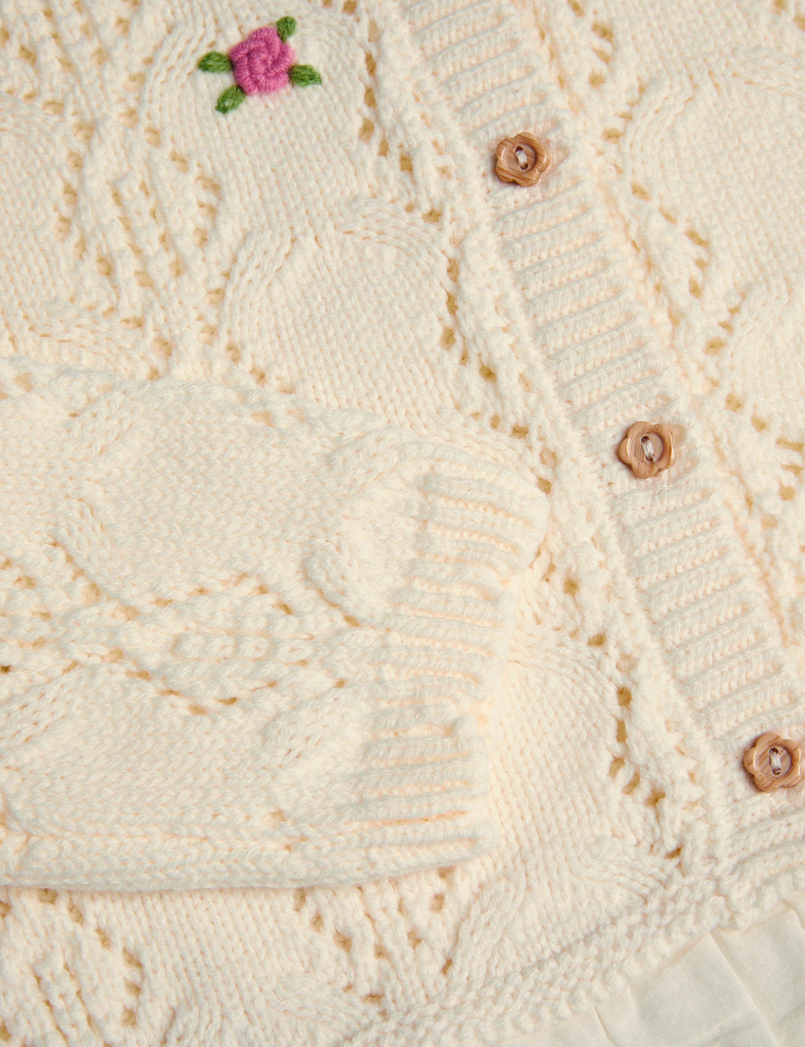 Cotton Rich Embroidered Frill Pointelle Cardigan (3-15 Years) 4 of 4