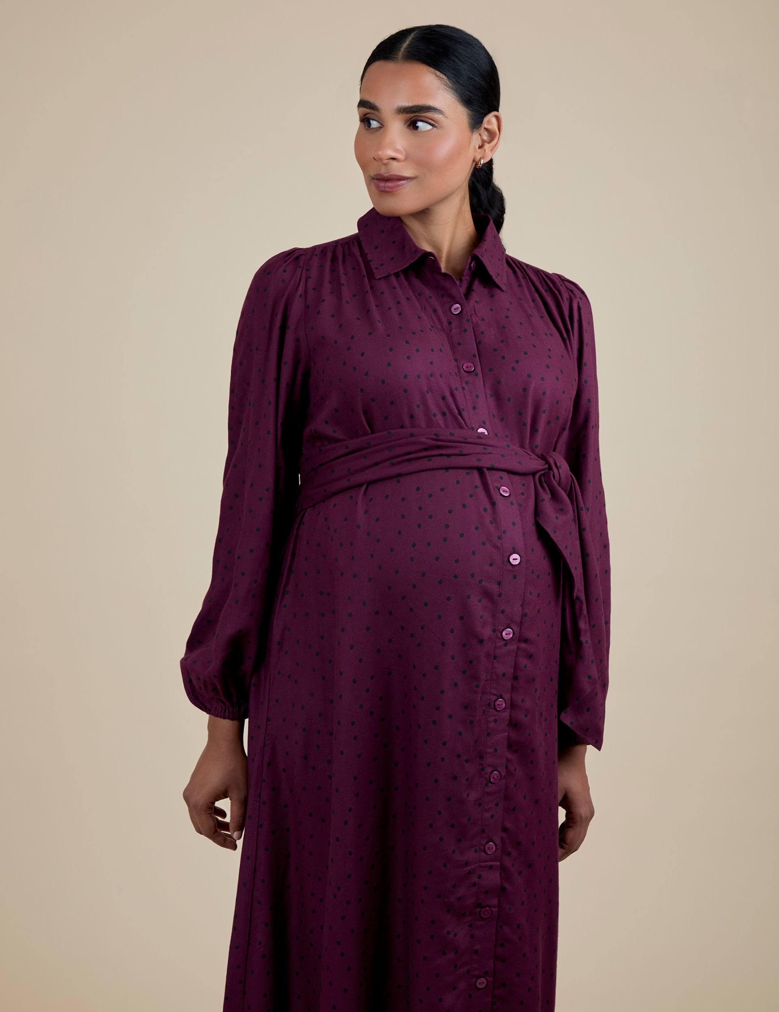 Maternity Polka Dot Collared Midi Shirt Dress 2 of 5