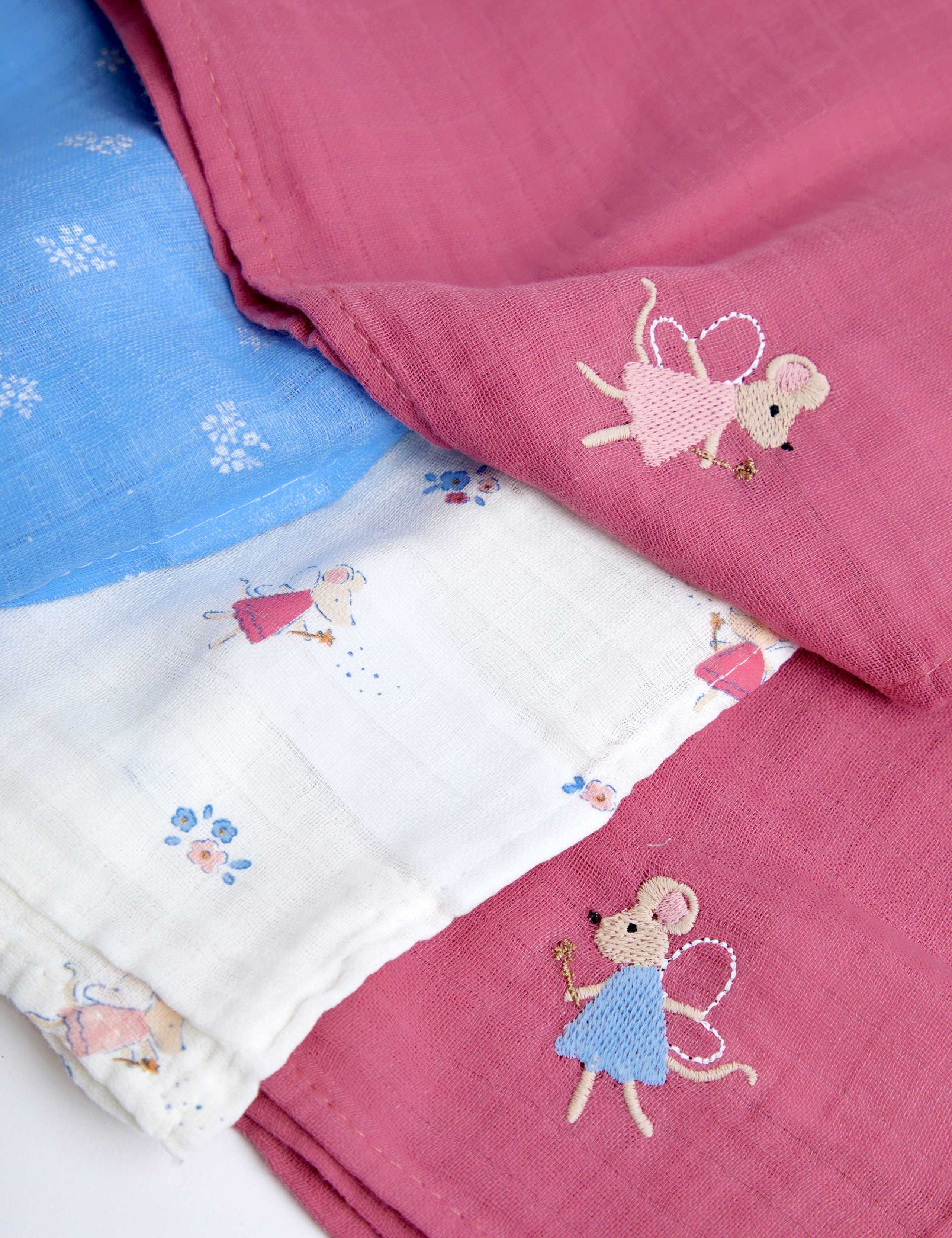 5pk Pure Cotton Embroidered Mouse Muslins 3 of 6
