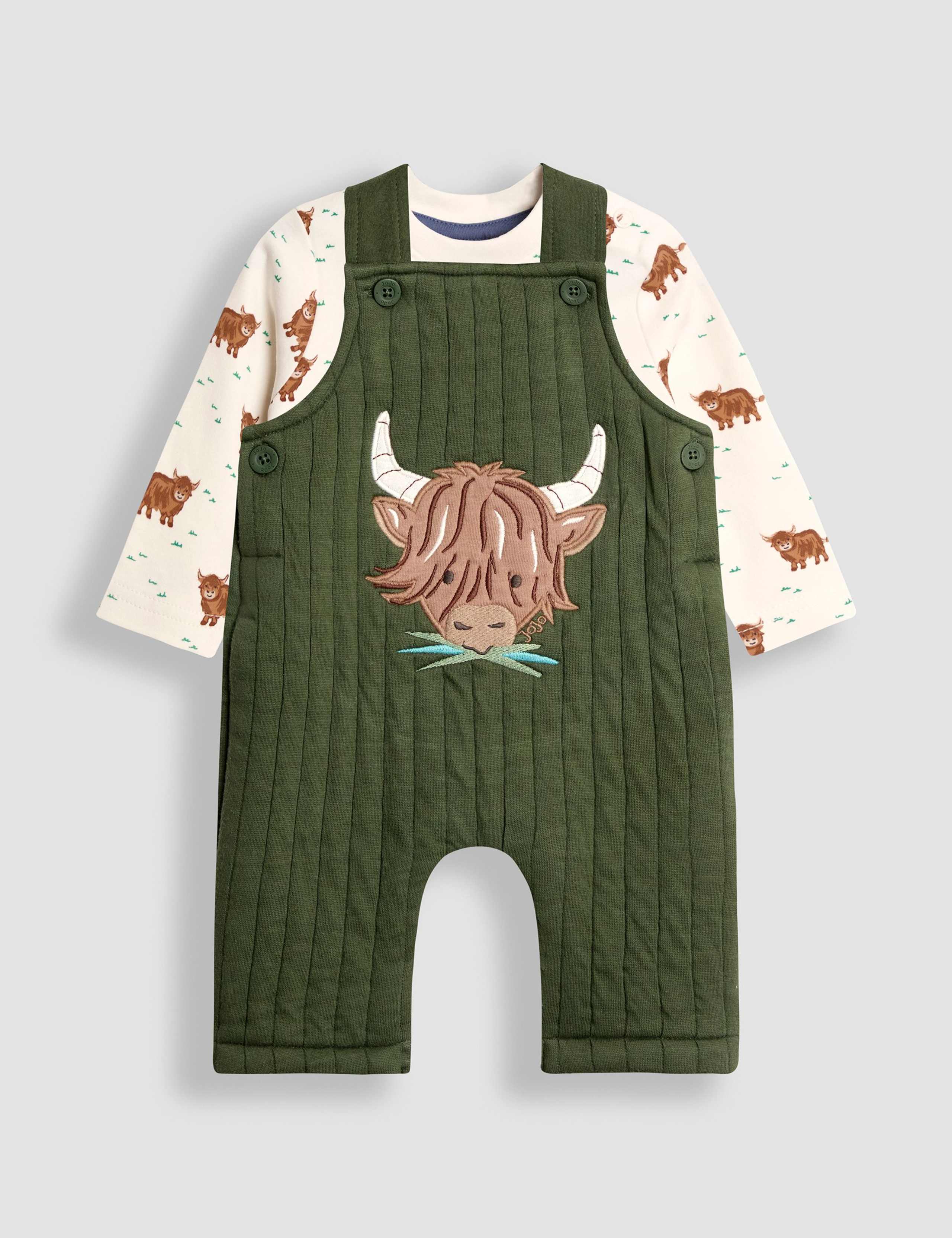 2pc Pure Cotton Highland Cow Dungaree Outfit (0-24 Mths) 1 of 6