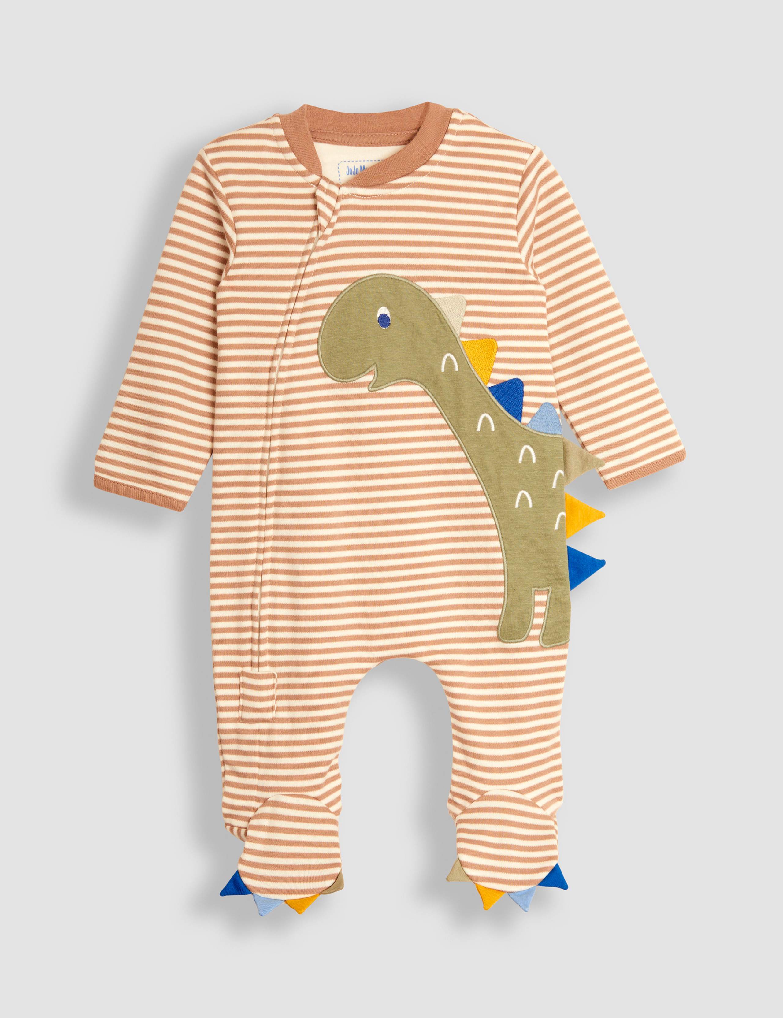 Pure Cotton Striped Dino Zip Sleepsuit (0-12 Mths) 2 of 7