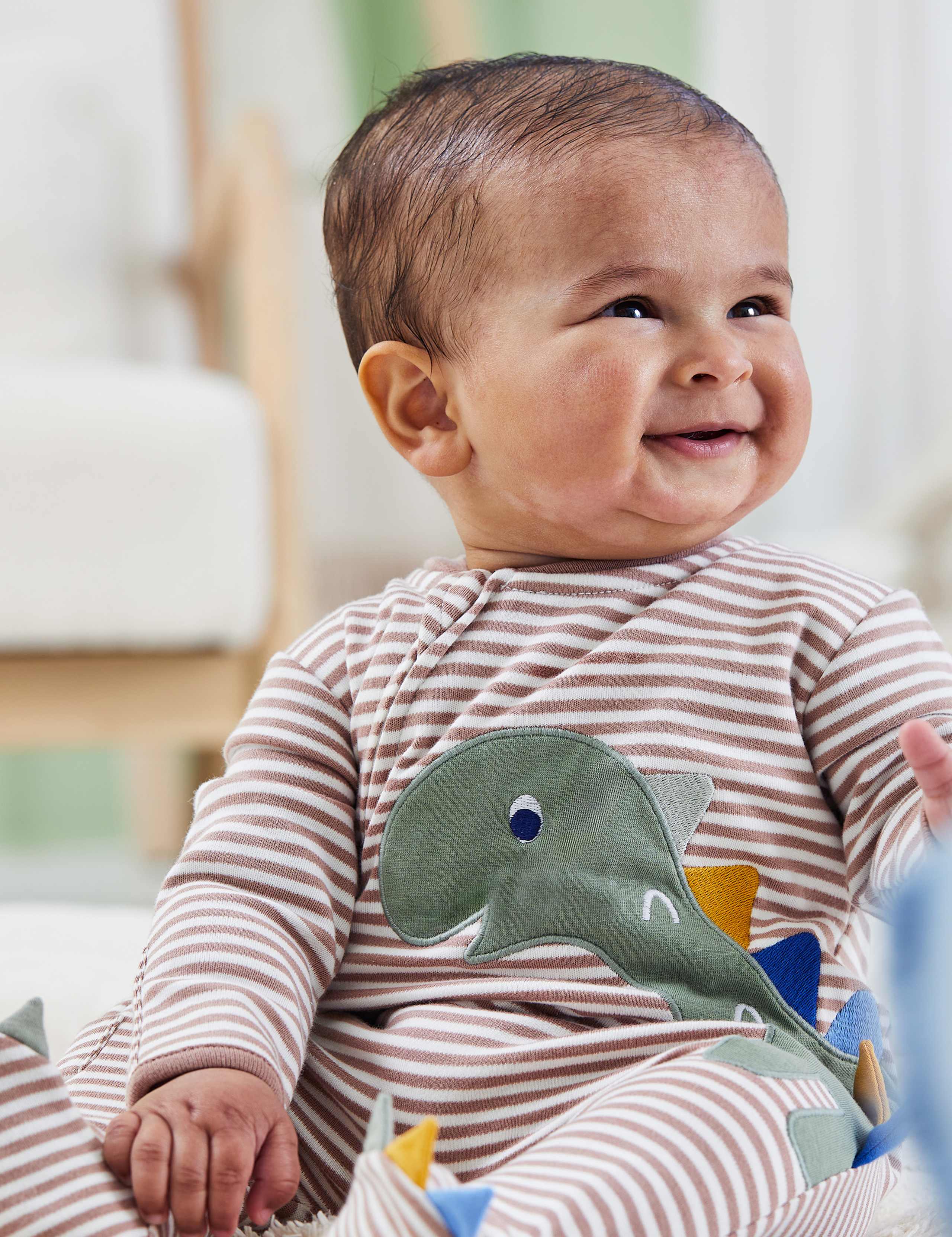 Pure Cotton Striped Dino Zip Sleepsuit (0-12 Mths) 3 of 7