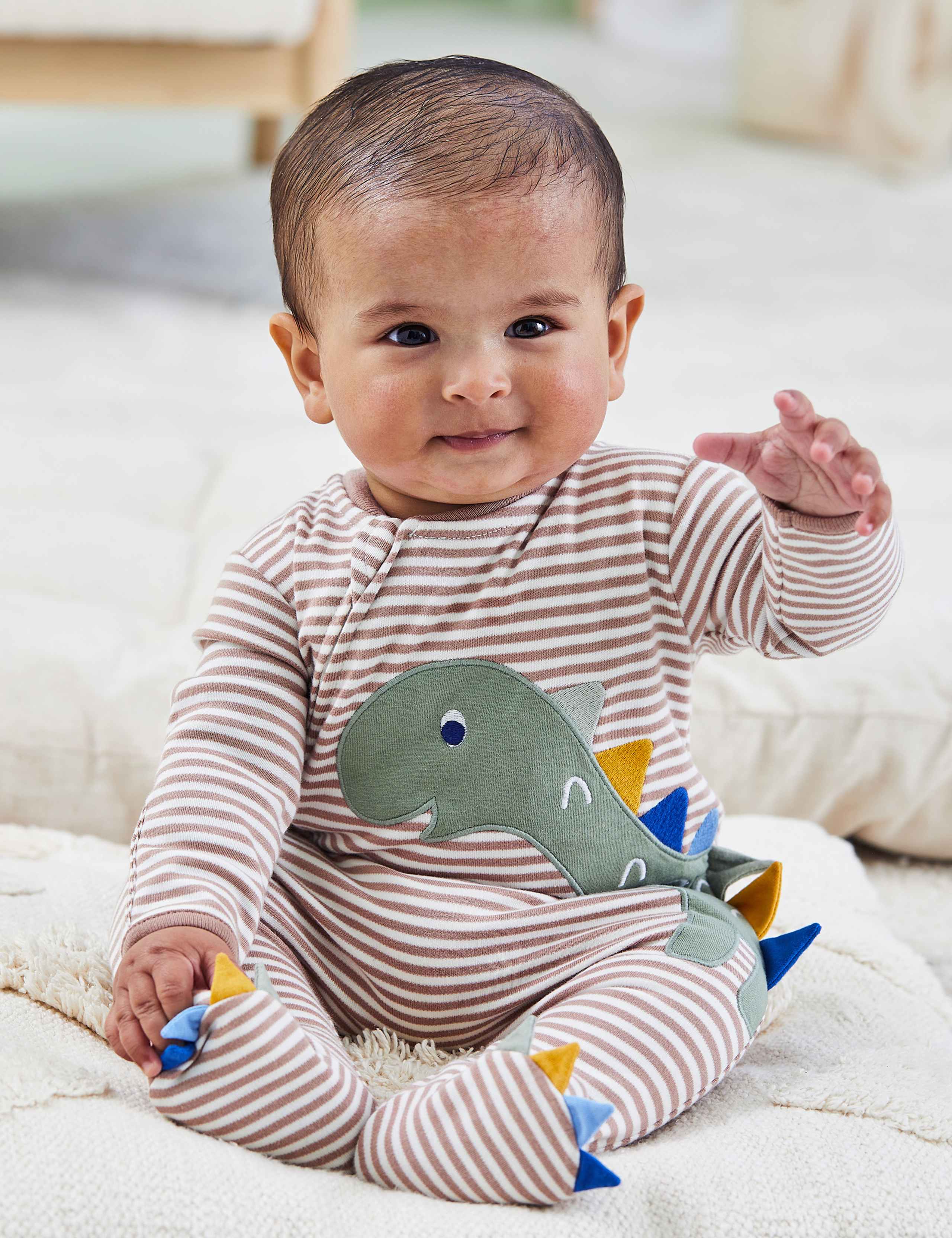 Pure Cotton Striped Dino Zip Sleepsuit (0-12 Mths) 5 of 7