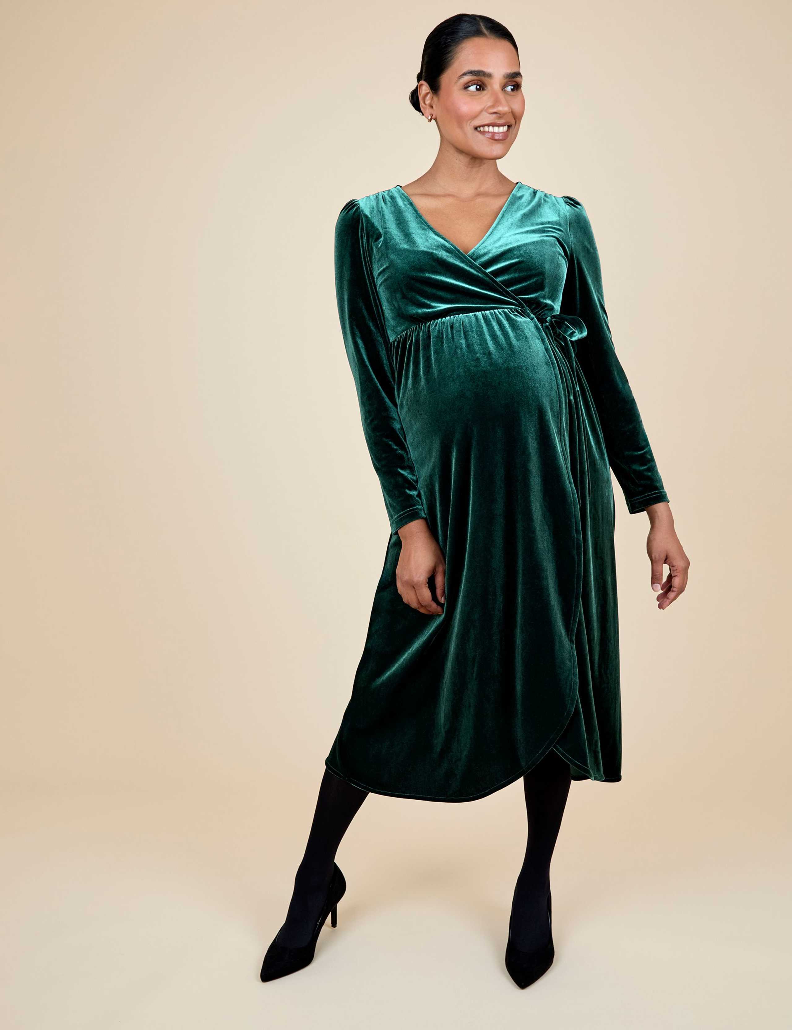 Maternity & Nursing Velvet Midi Wrap Dress 1 of 7