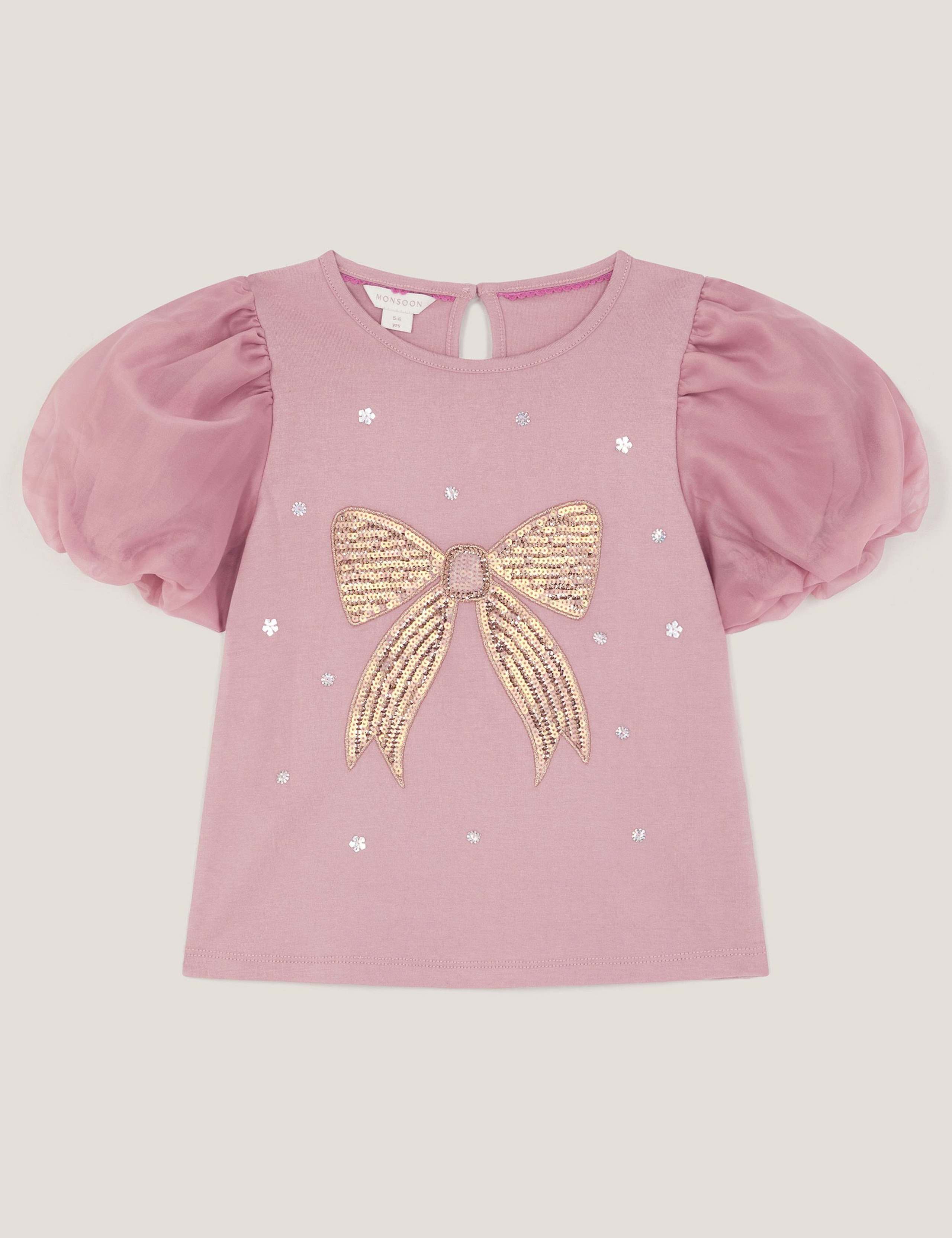 Pure Cotton Sequin Bow Puff Sleeve T-Shirt (3-13 Yrs) 2 of 4