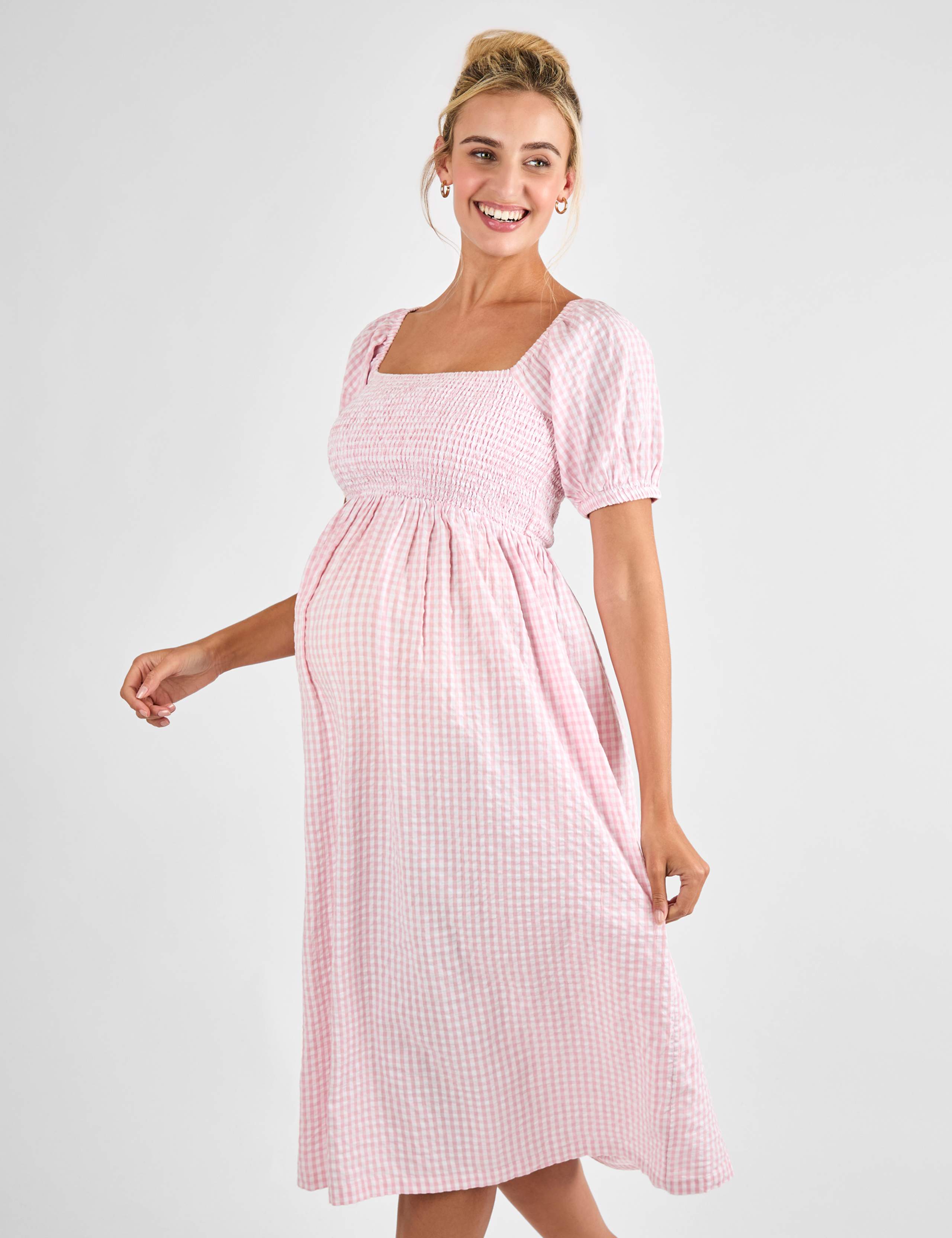 Maternity Pure Cotton Gingham Midi Smock Dress 2 of 4