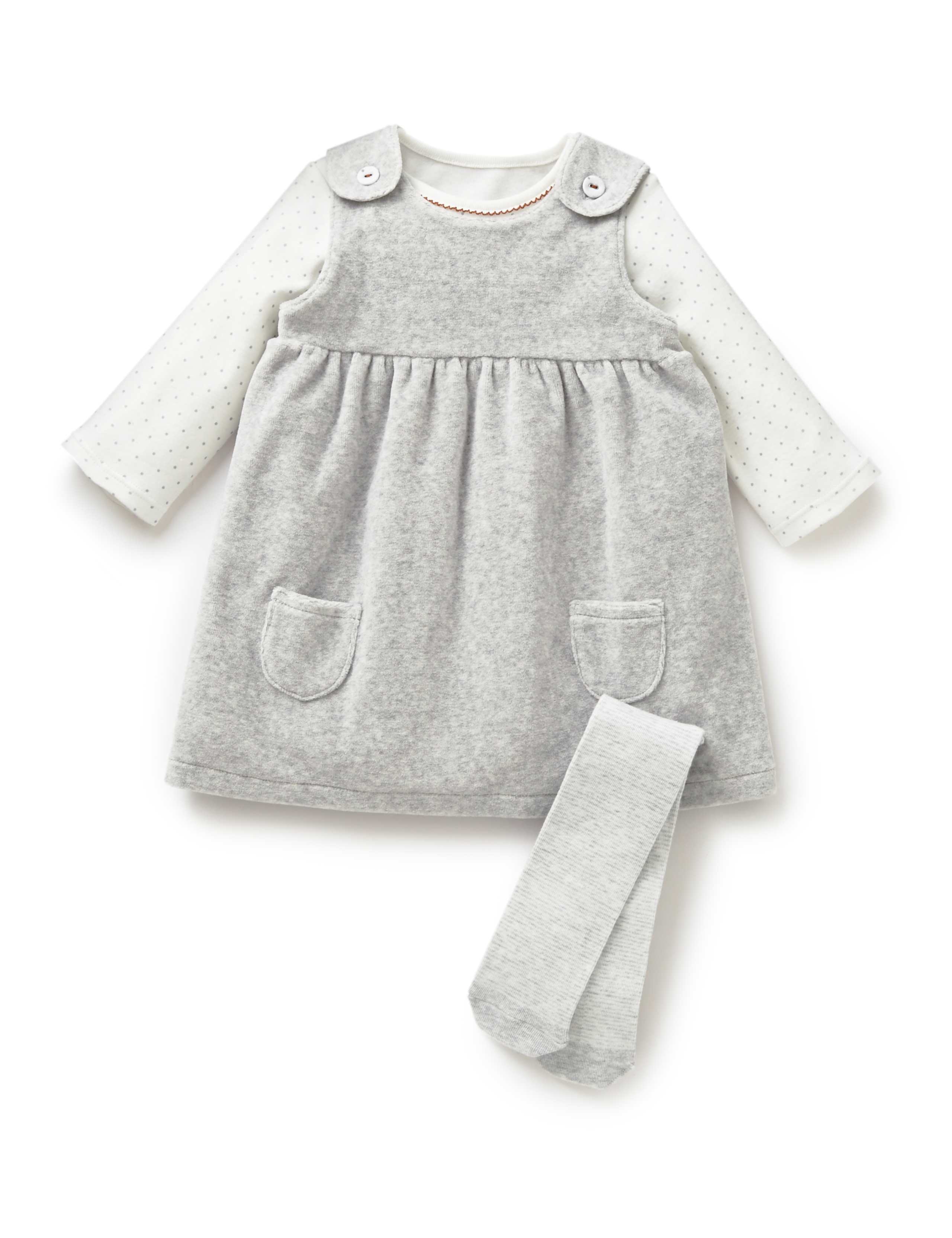 3 Piece Cotton Rich Velour Dress, Bodysuit & Tights Outfit 1 of 4