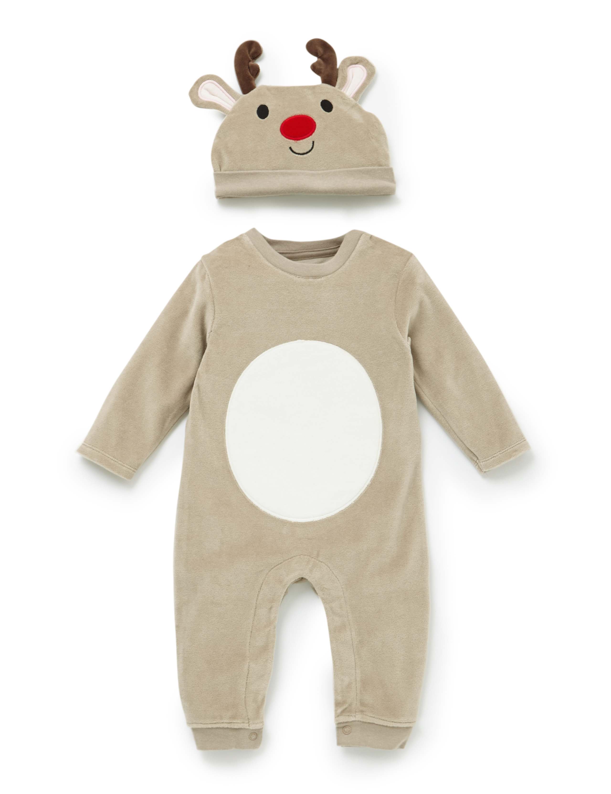 2 Piece Cotton Rich Reindeer Onesie with Hat 1 of 2