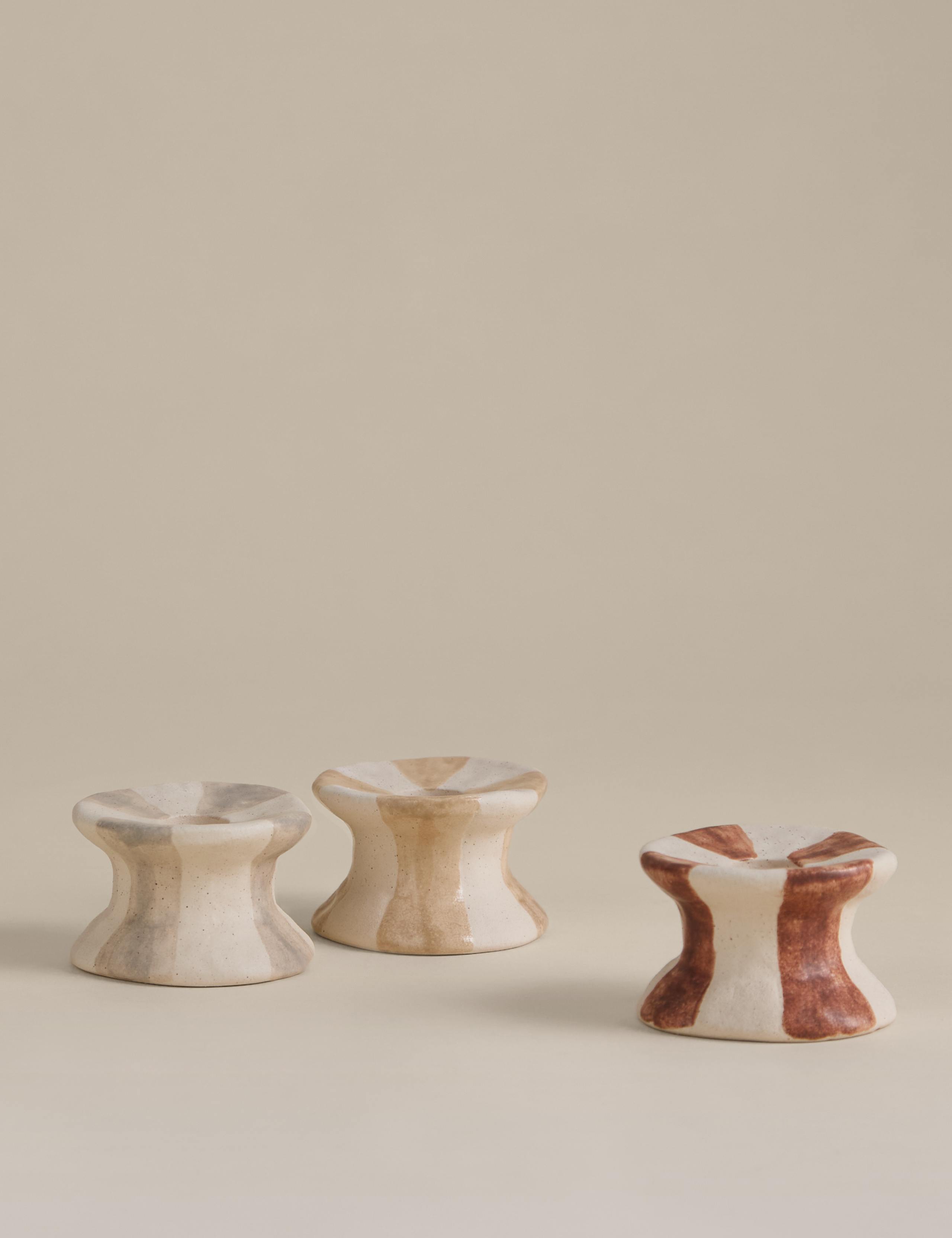3 Pack Striped Ceramic Dinner Candle Holders 2 of 5