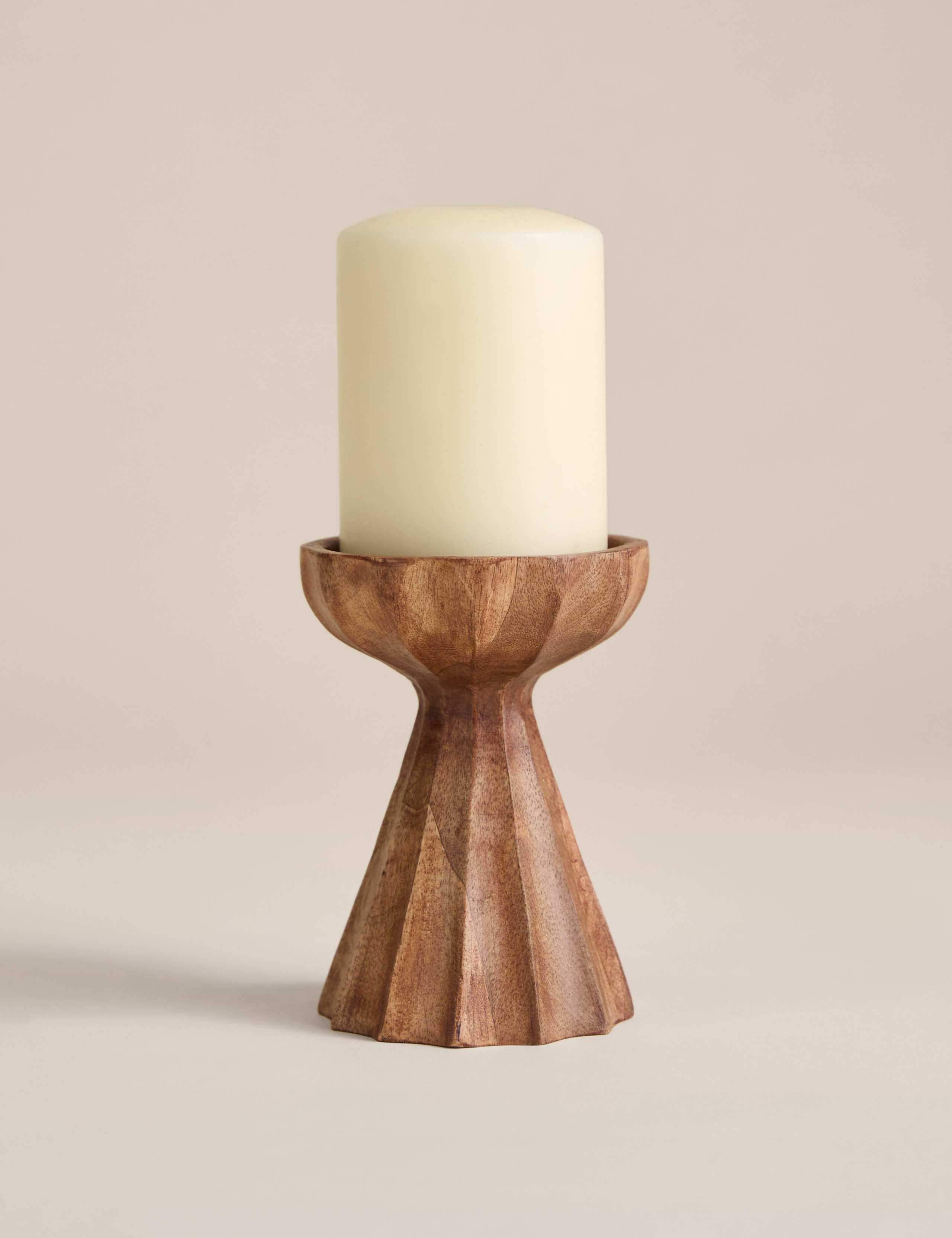 Ridged Wood Tall Pillar Candle Holder 1 of 6