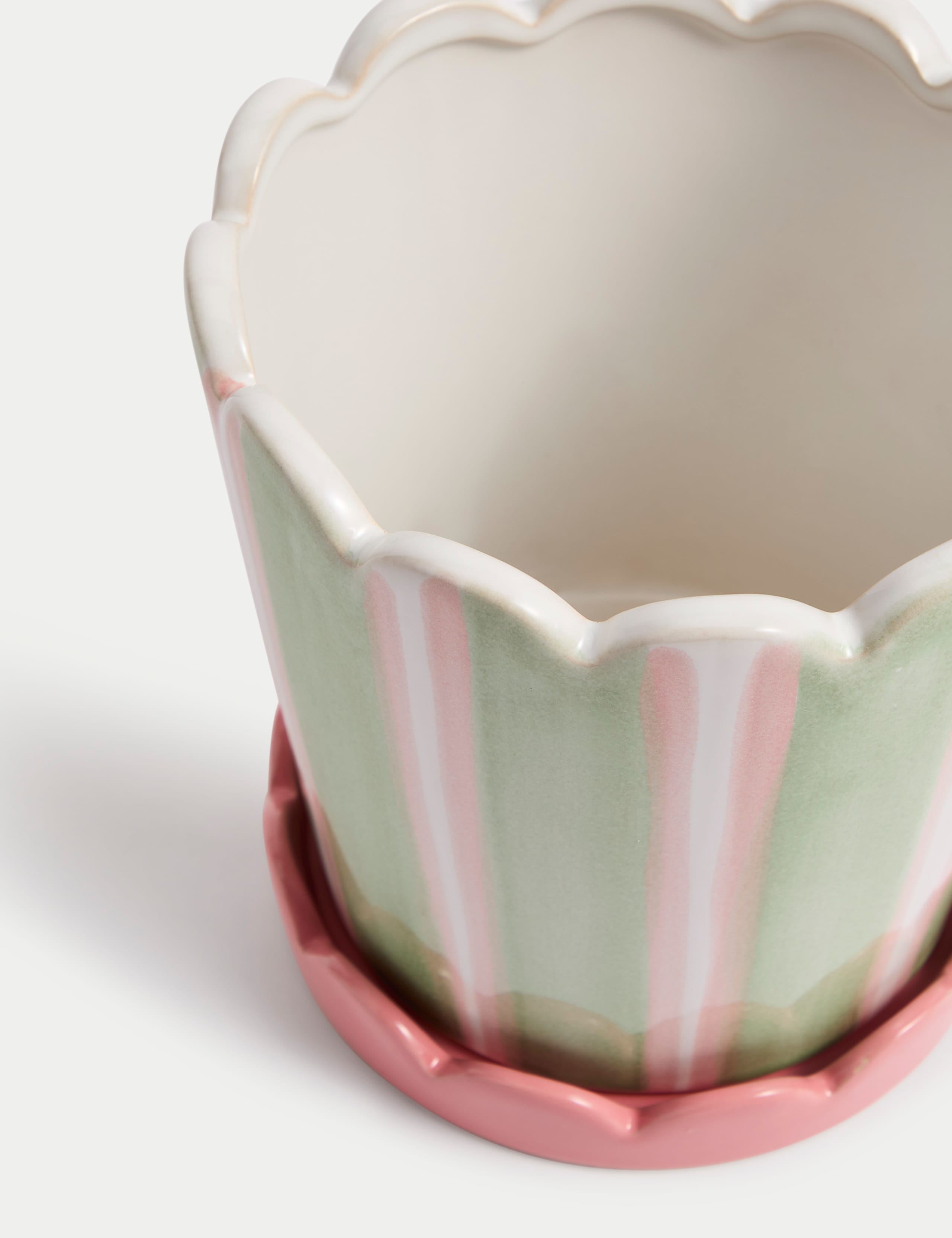 Scalloped Striped Ceramic Planter with Tray 2 of 3