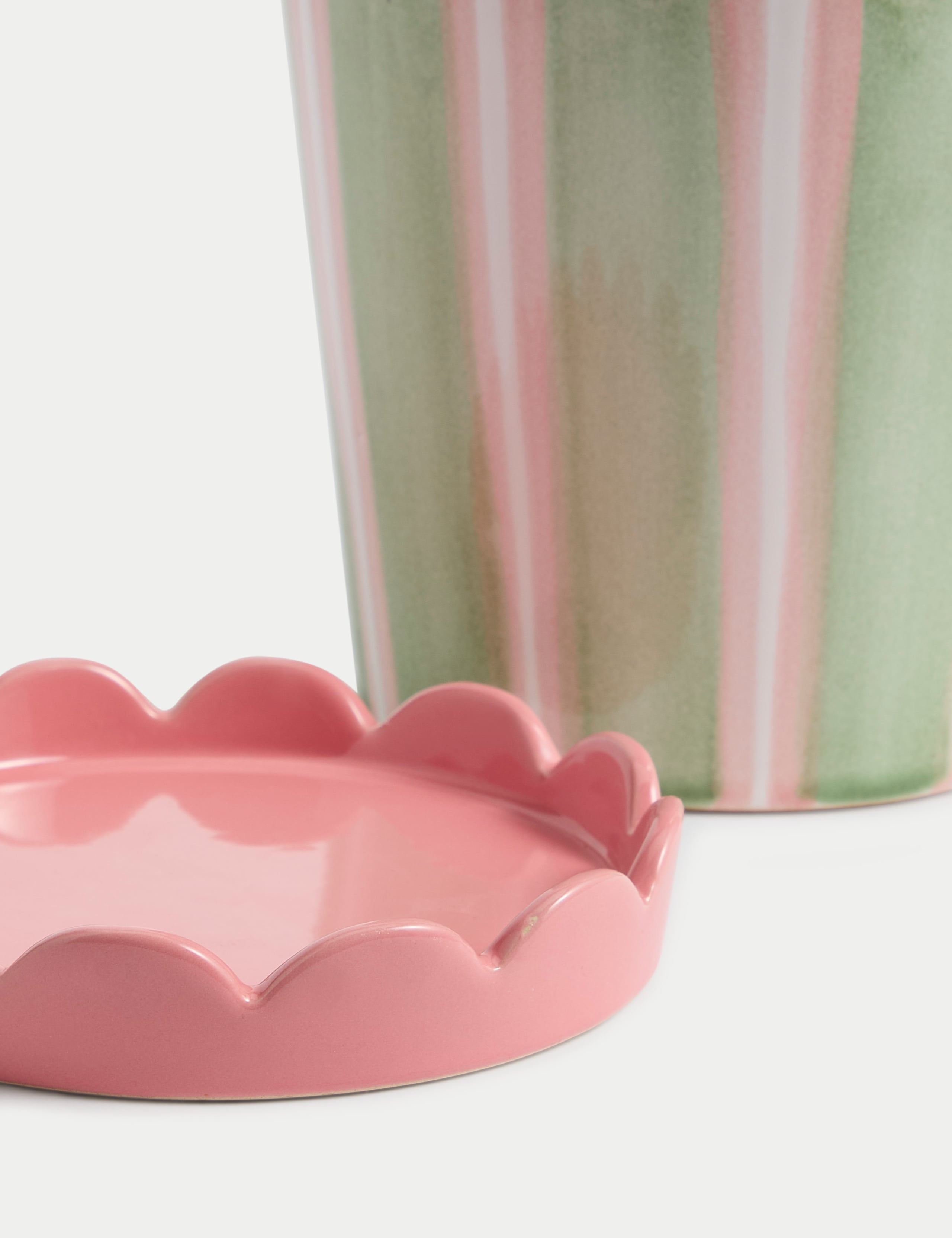 Scalloped Striped Ceramic Planter with Tray 3 of 3