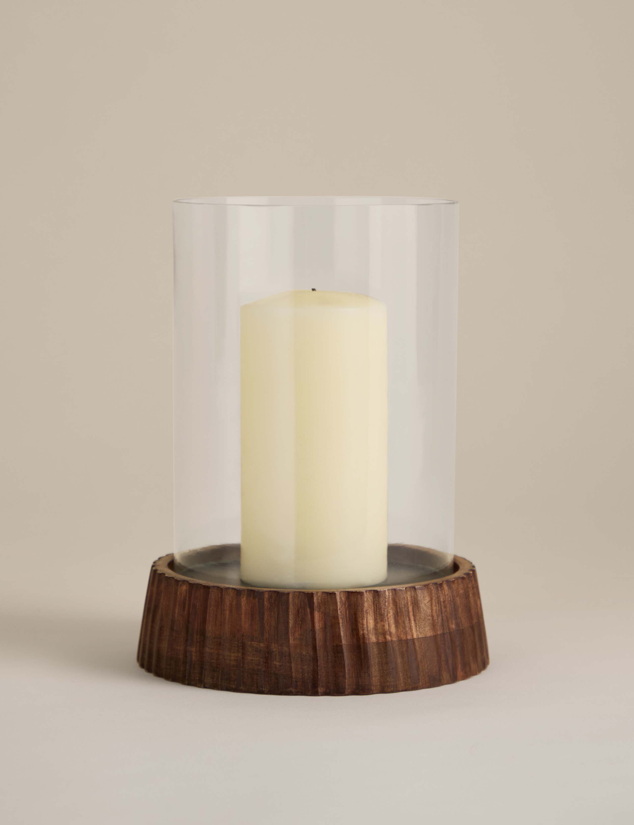 Ridged Wooden Base Hurricane Candle Holder 1 of 4