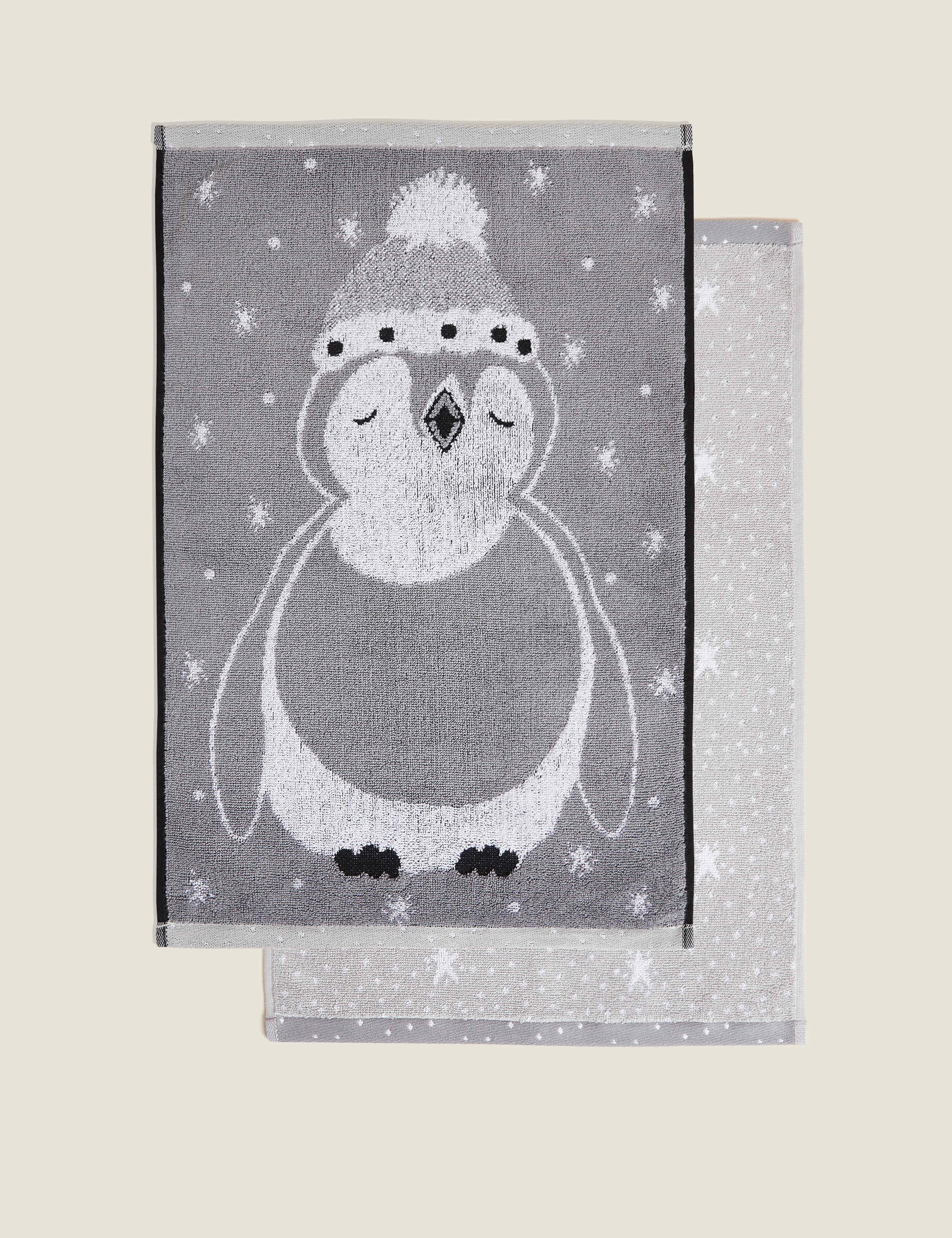 Set of 2 Pure Cotton Penguin Guest Towels 1 of 7