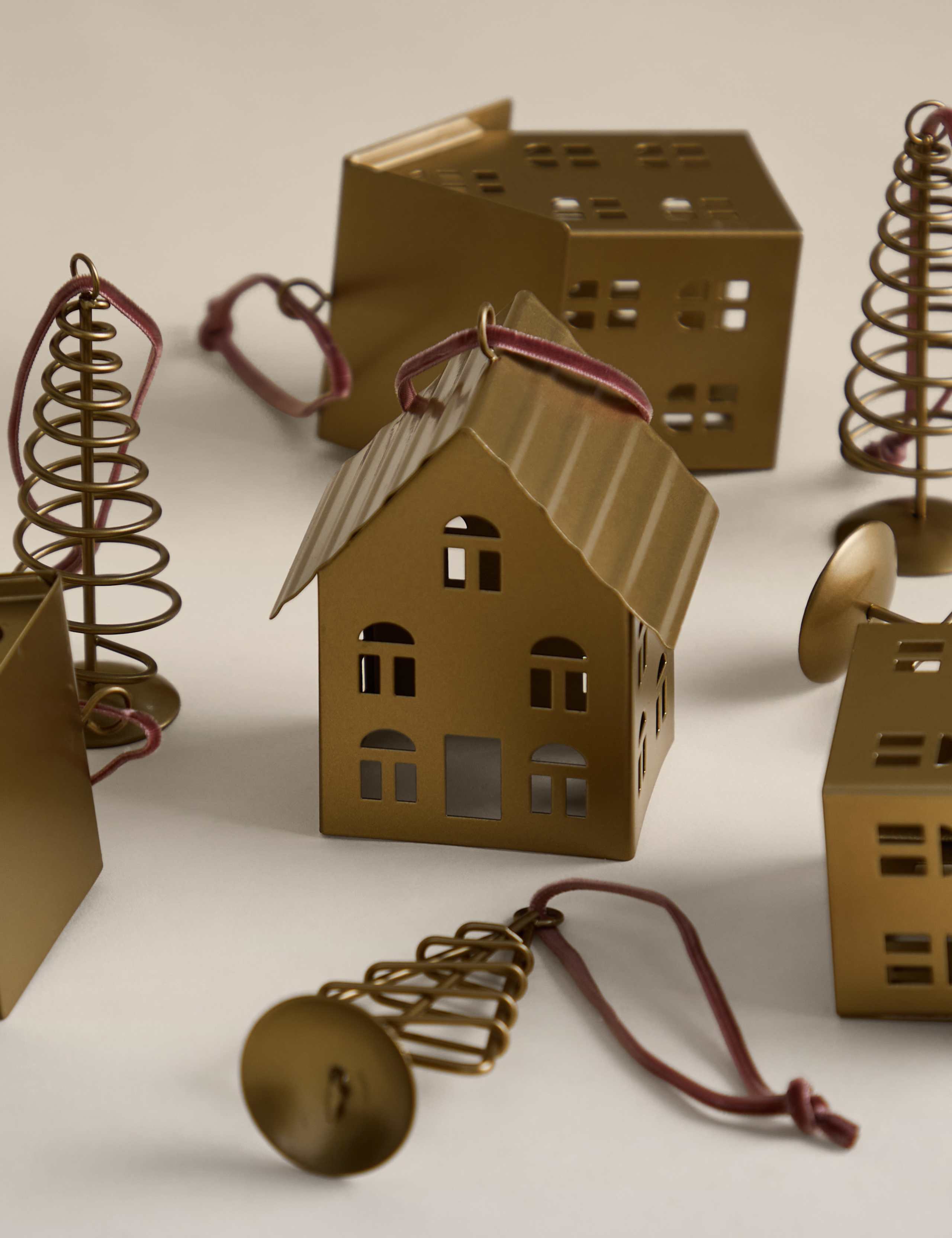 8 Pack Brass House & Tree Decorations 3 of 3