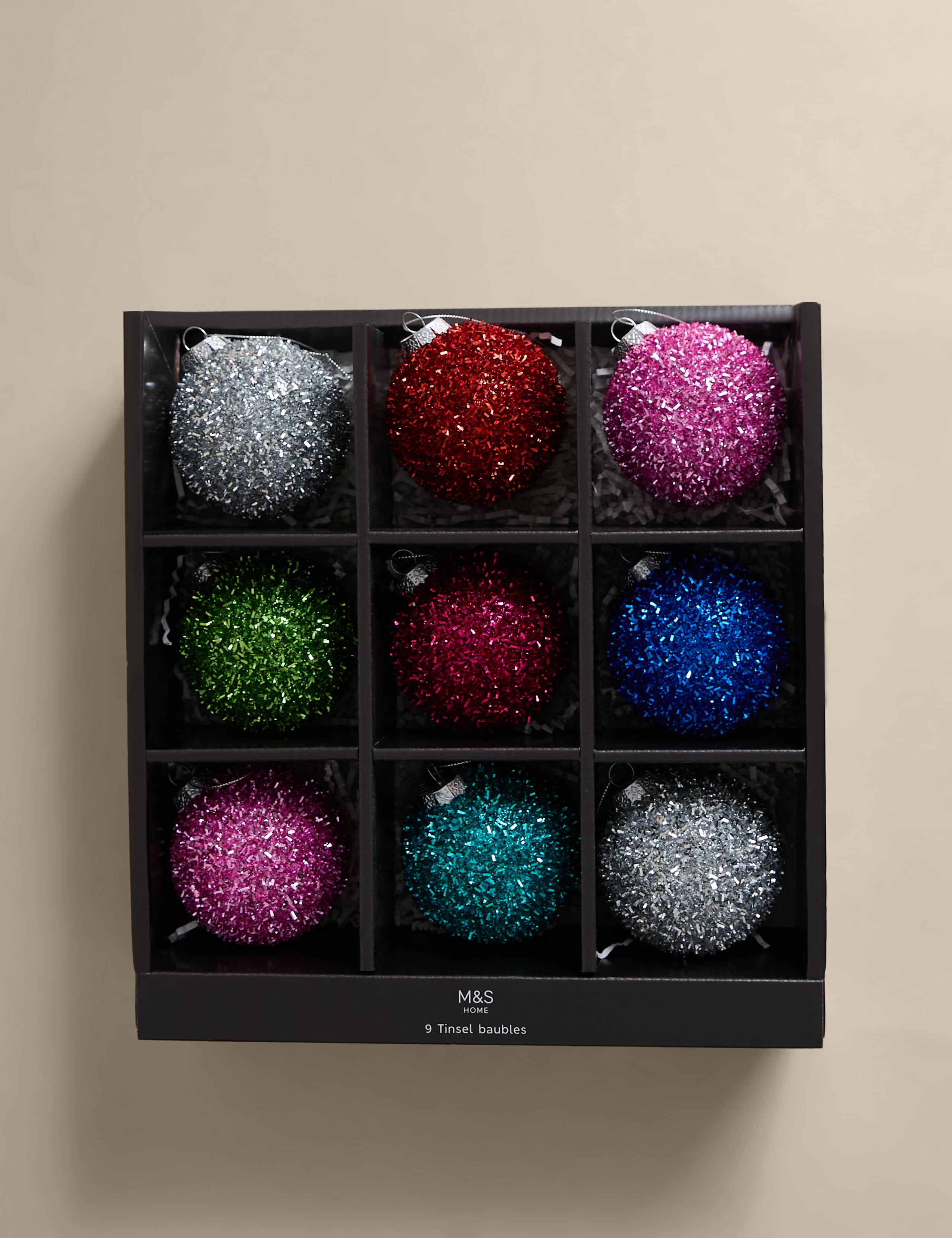 9pk Multicoloured Tinsel Baubles 2 of 3