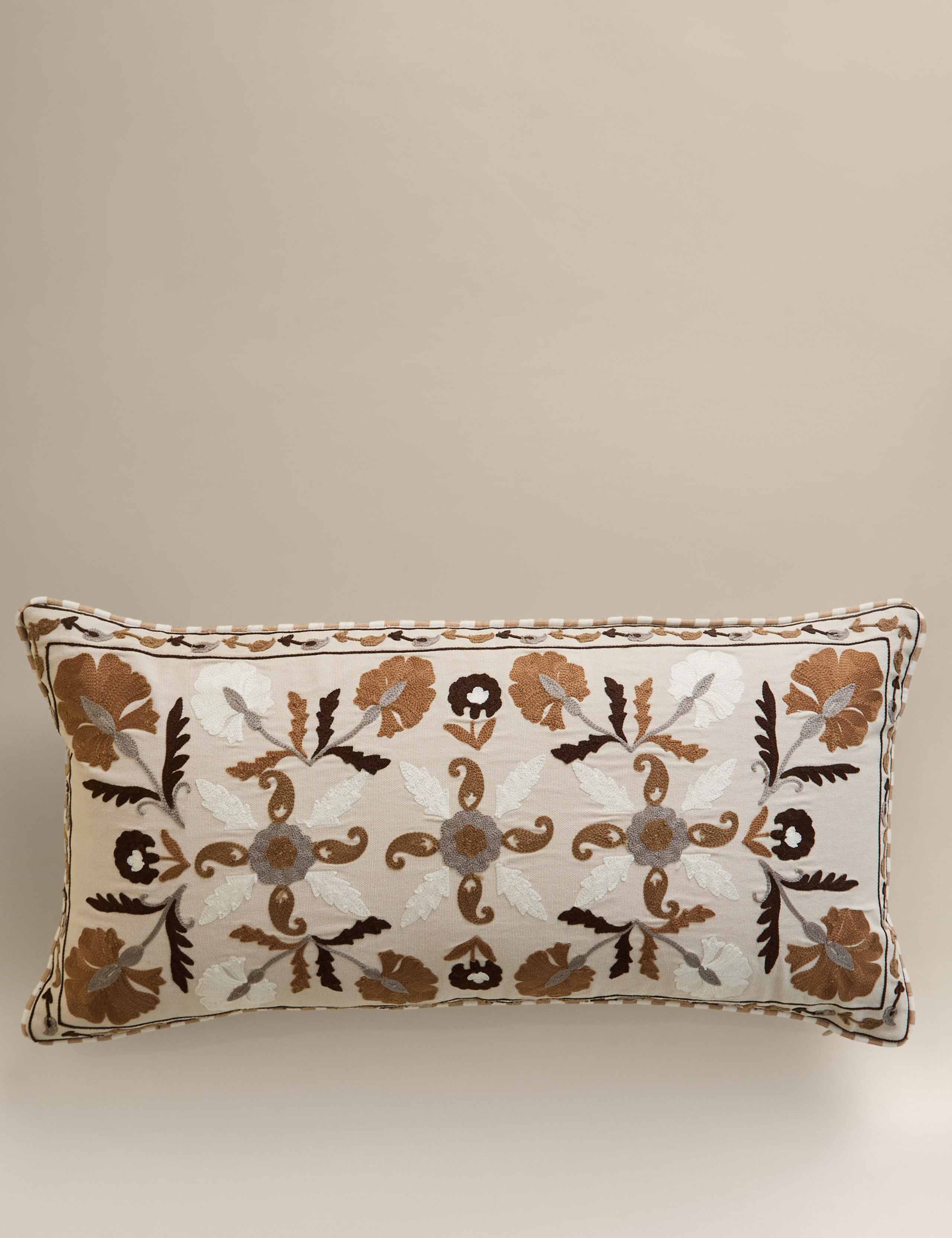 Pure Cotton Embroidered Floral Bolster Cushion 1 of 4