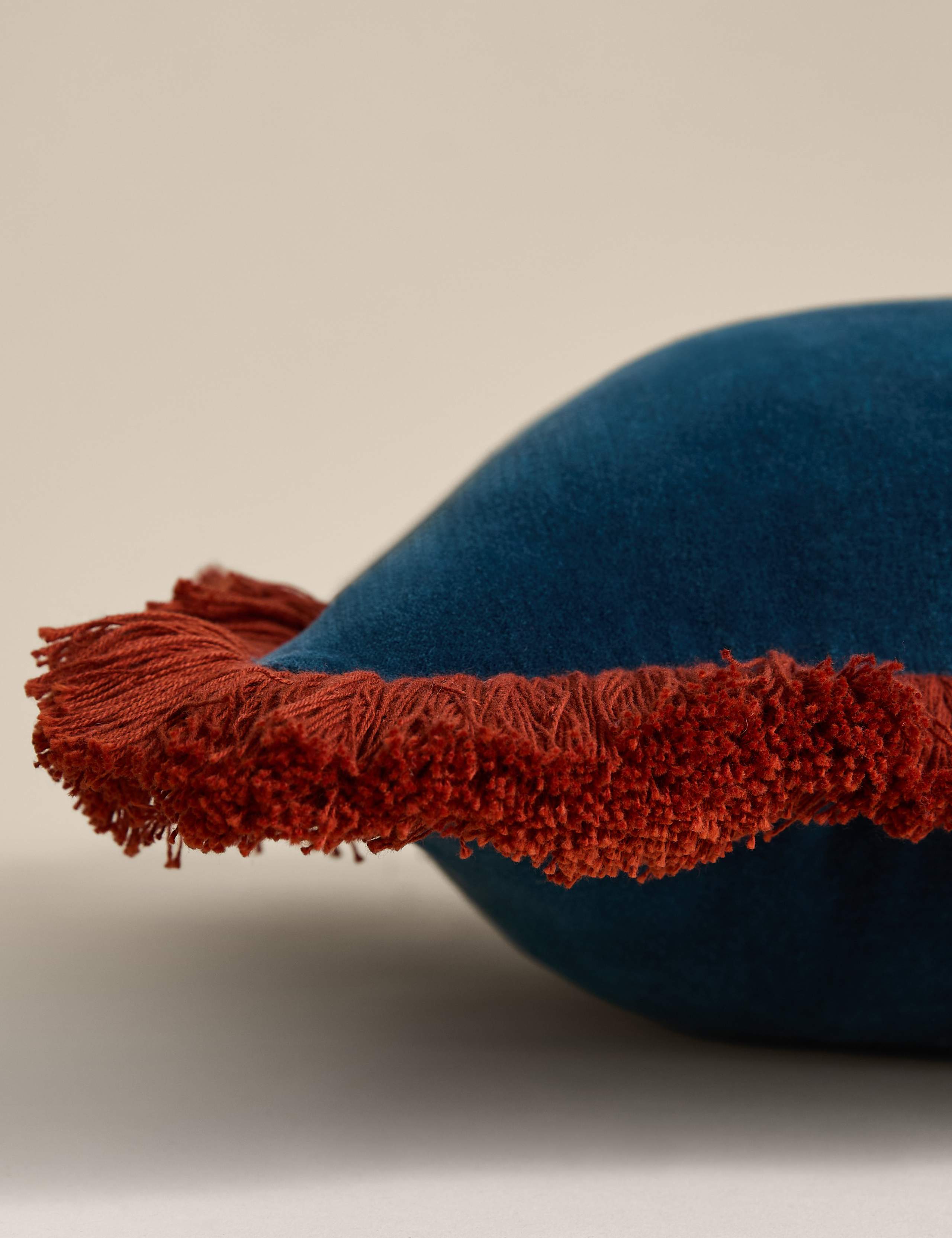 Pure Cotton Velvet Fringe Bolster Cushion 2 of 3