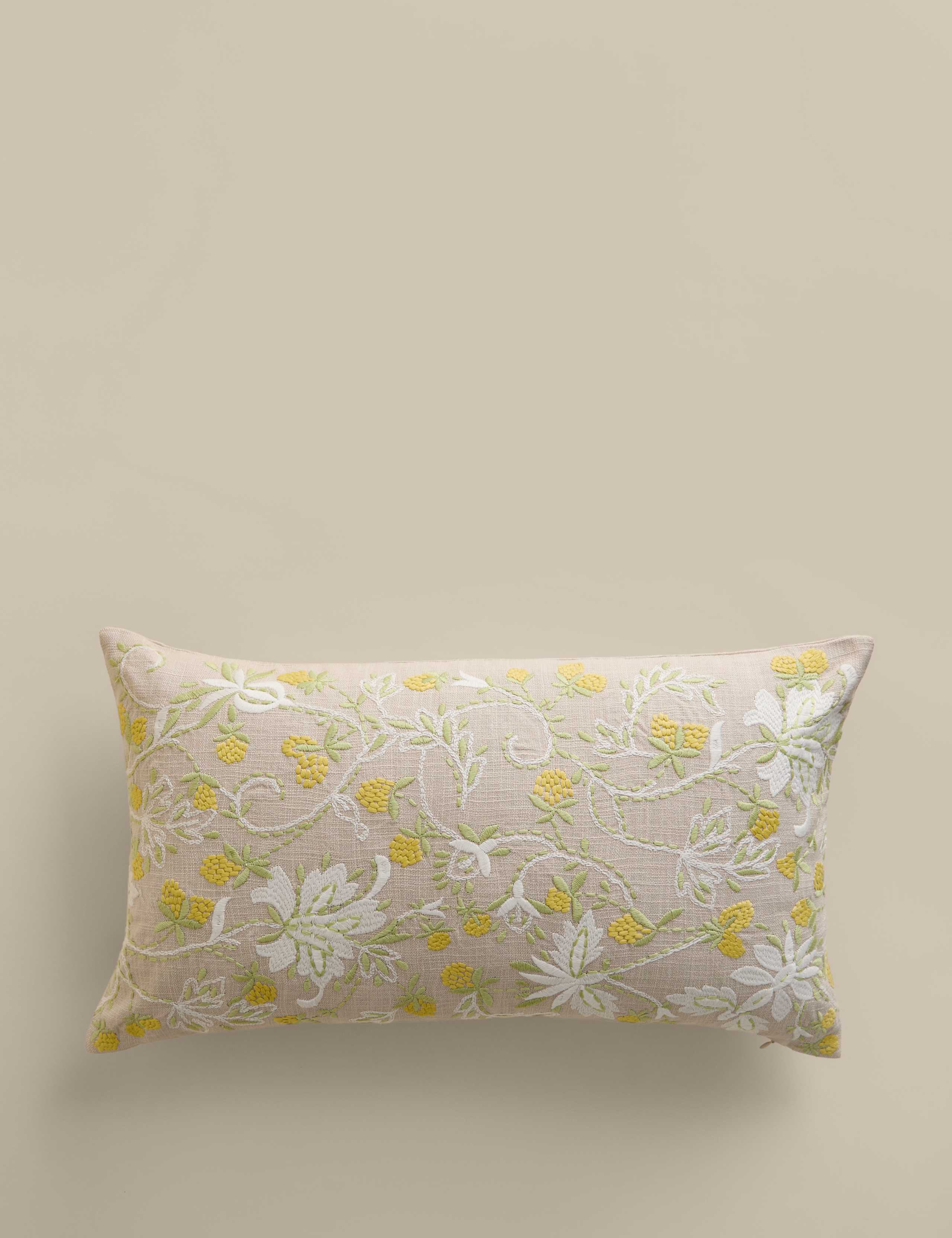 Pure Cotton Floral Embroidered Bolster Cushion 1 of 6