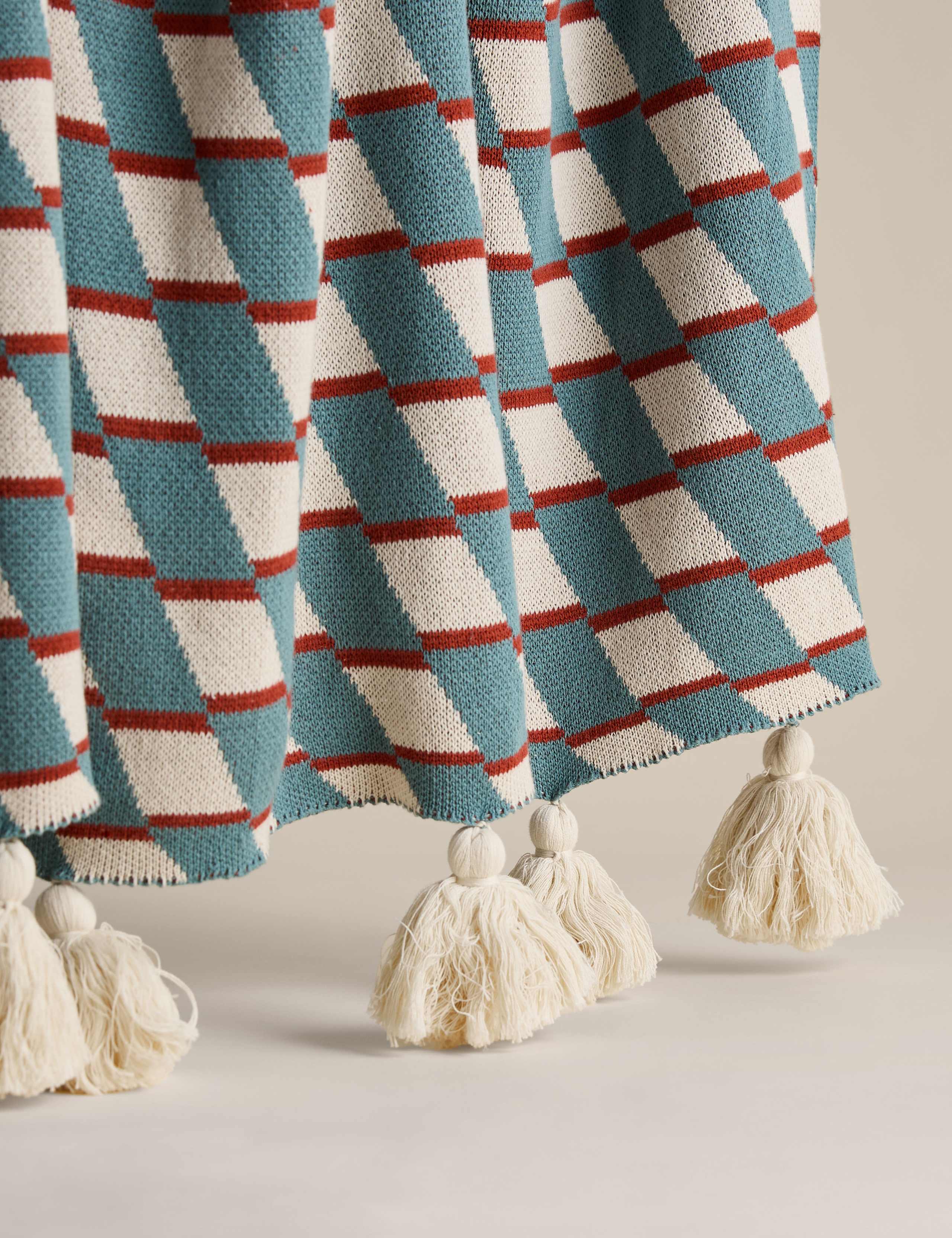 Pure Cotton Geometric Knitted Tassel Throw 2 of 4