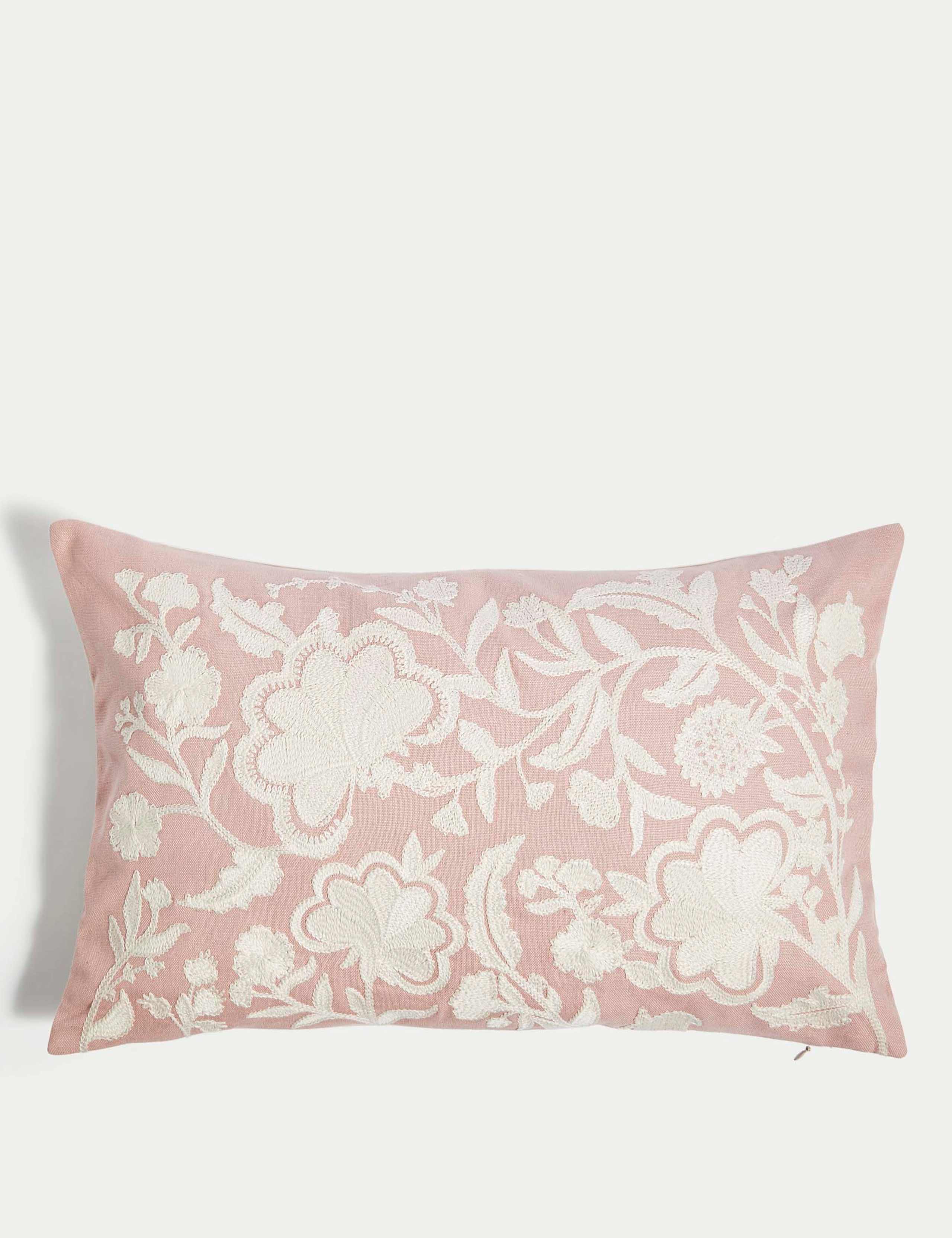 Linen Blend Floral Embroidered Bolster Cushion 1 of 4