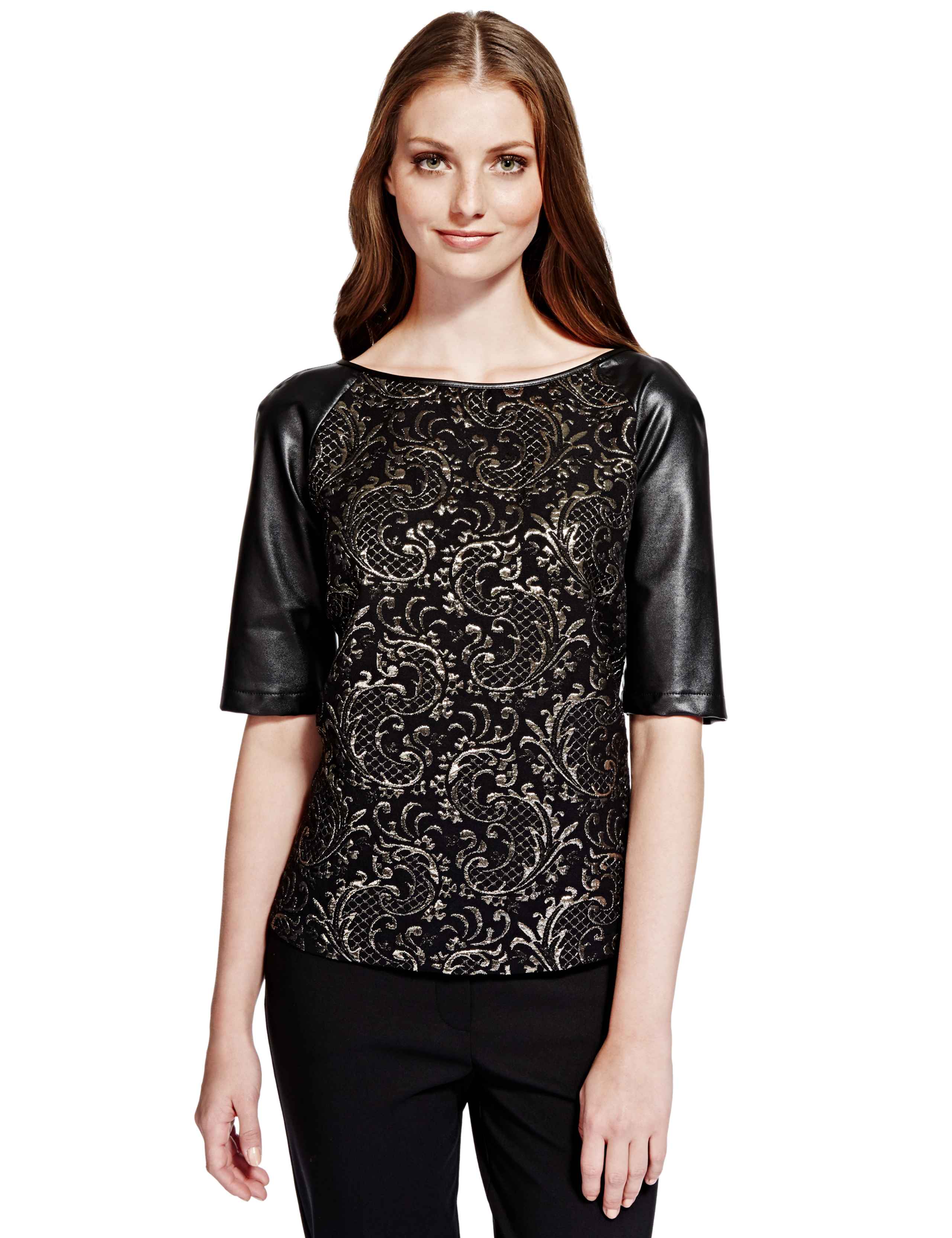 Faux leather sleeve textured top 1 of 6